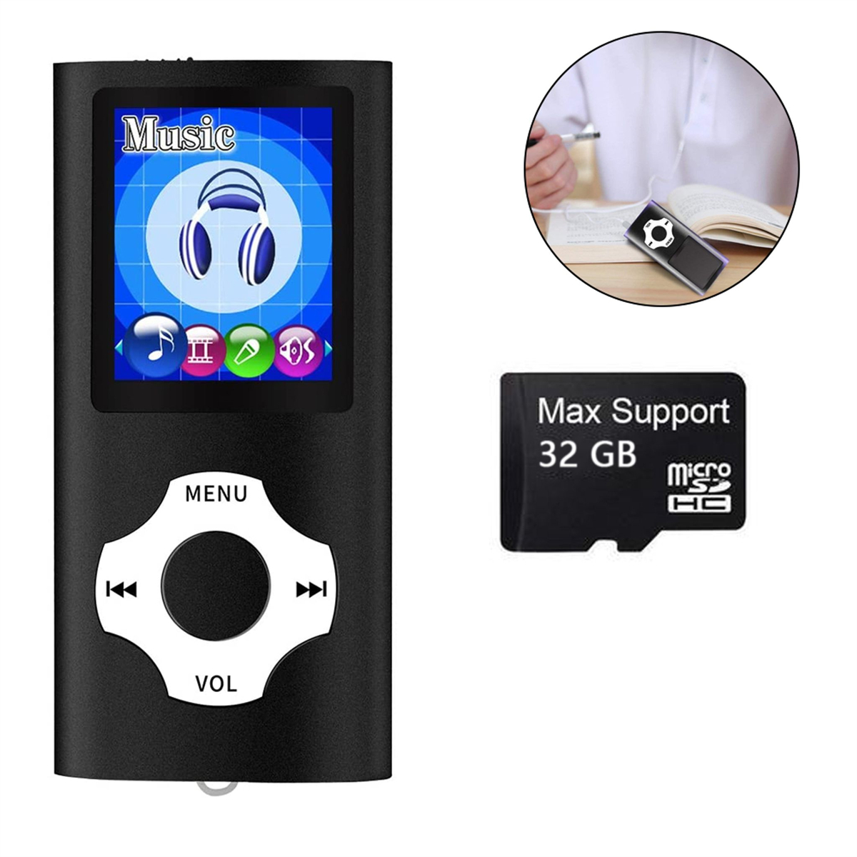 Schwarzer MP3-Player mit Bildschirm und microSD-Karte.