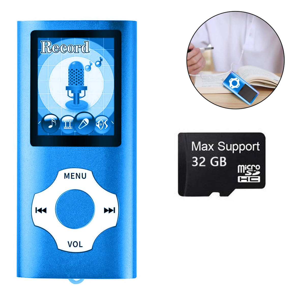 Ein blauer MP3-Player mit Bildschirm und Tasten sowie eine 32 GB Micro-SD-Karte.