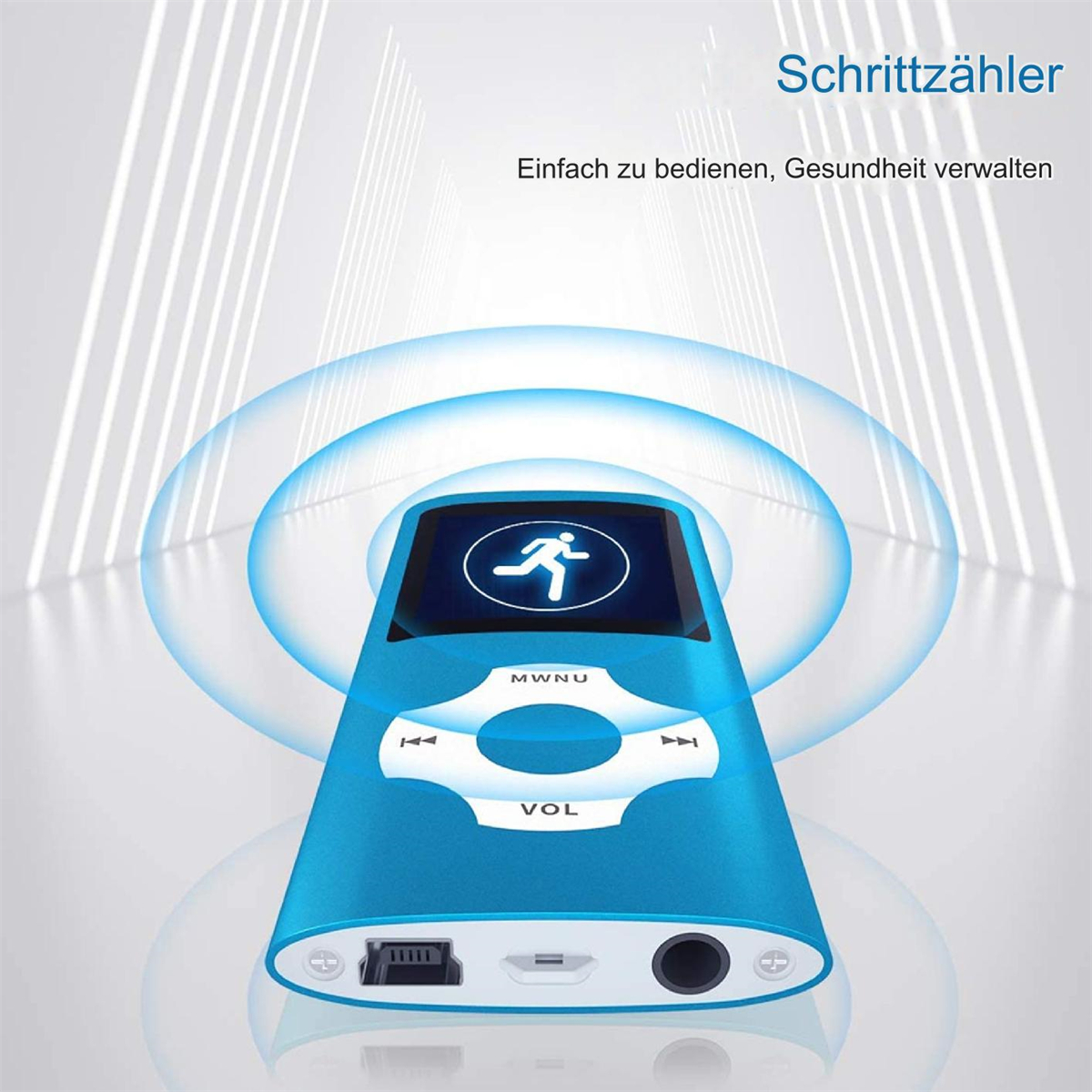 Blau-weißer MP3-Player mit Bildschirm und Knöpfen. Zeigt eine Person beim Gehen. Weißer Hintergrund.