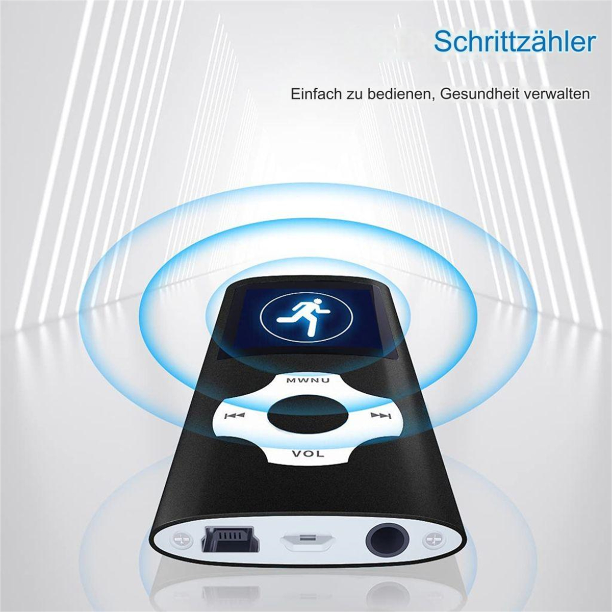 Gerät mit Laufmännchen-Symbol, Lautstärkeregler und USB-Anschluss.