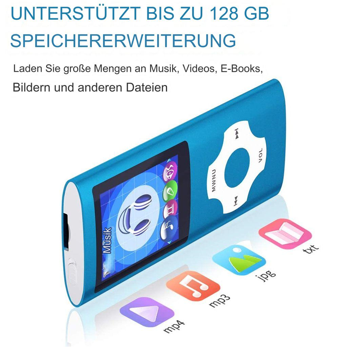 Blauer MP3-Player mit Bildschirm und Tasten, der Symbole anzeigt, mit Text.