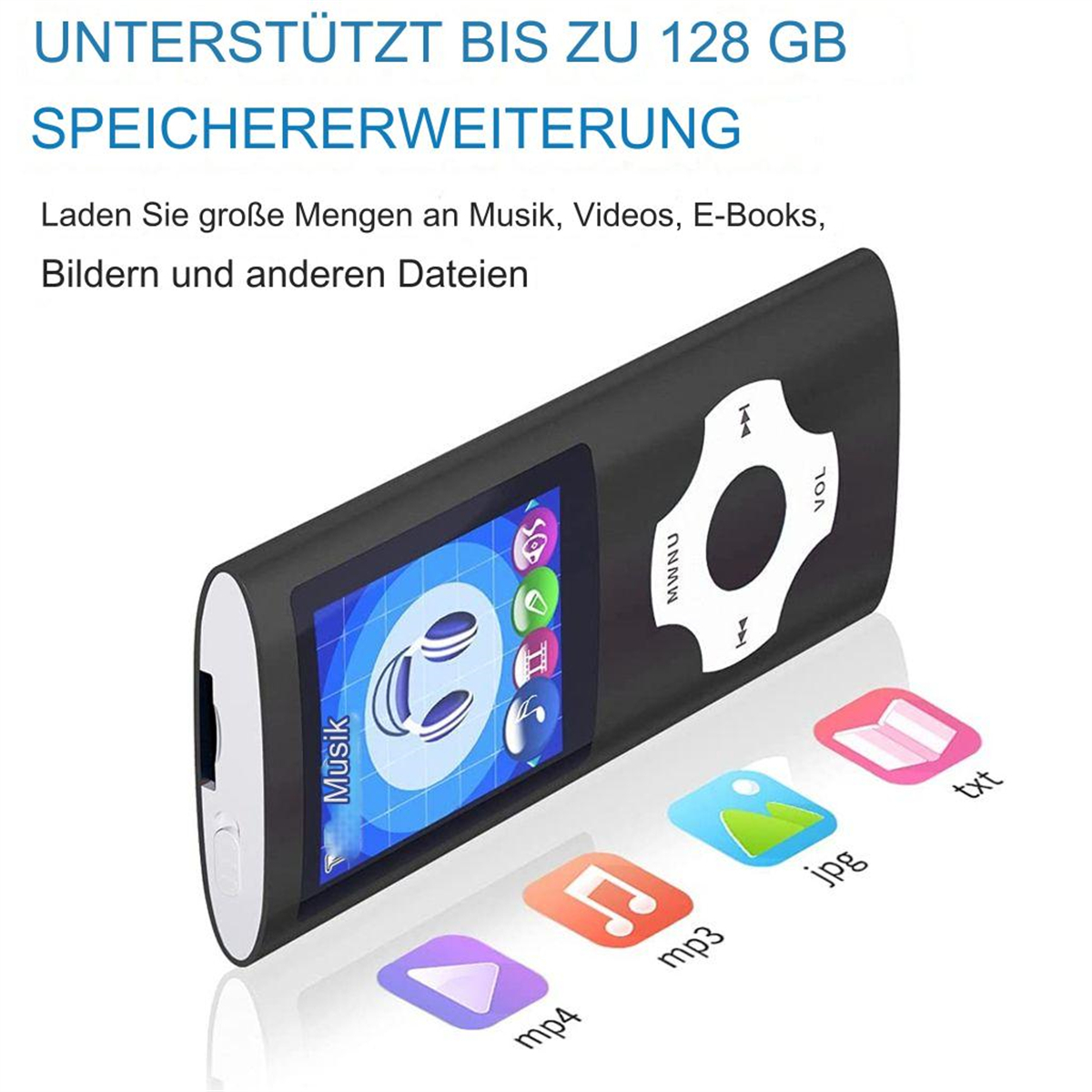 Schwarzer MP3-Player mit Farbbildschirm und Knöpfen. Bilder von Dateien auf dem Bildschirm.