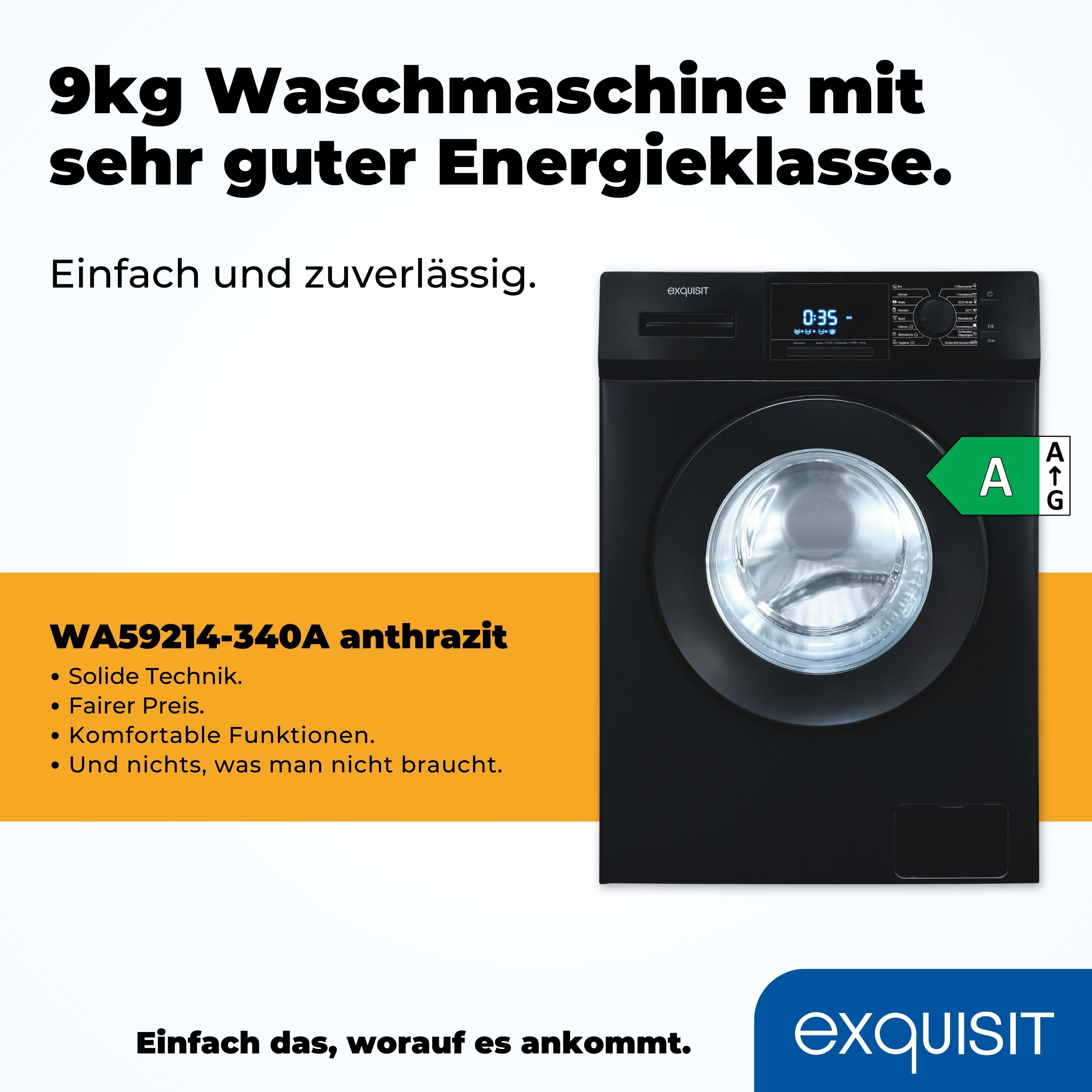 Eine schwarze Waschmaschine mit Energieeffizienzklasse A, Tür und Bedienfeld sind sichtbar; Text ist auf Deutsch.