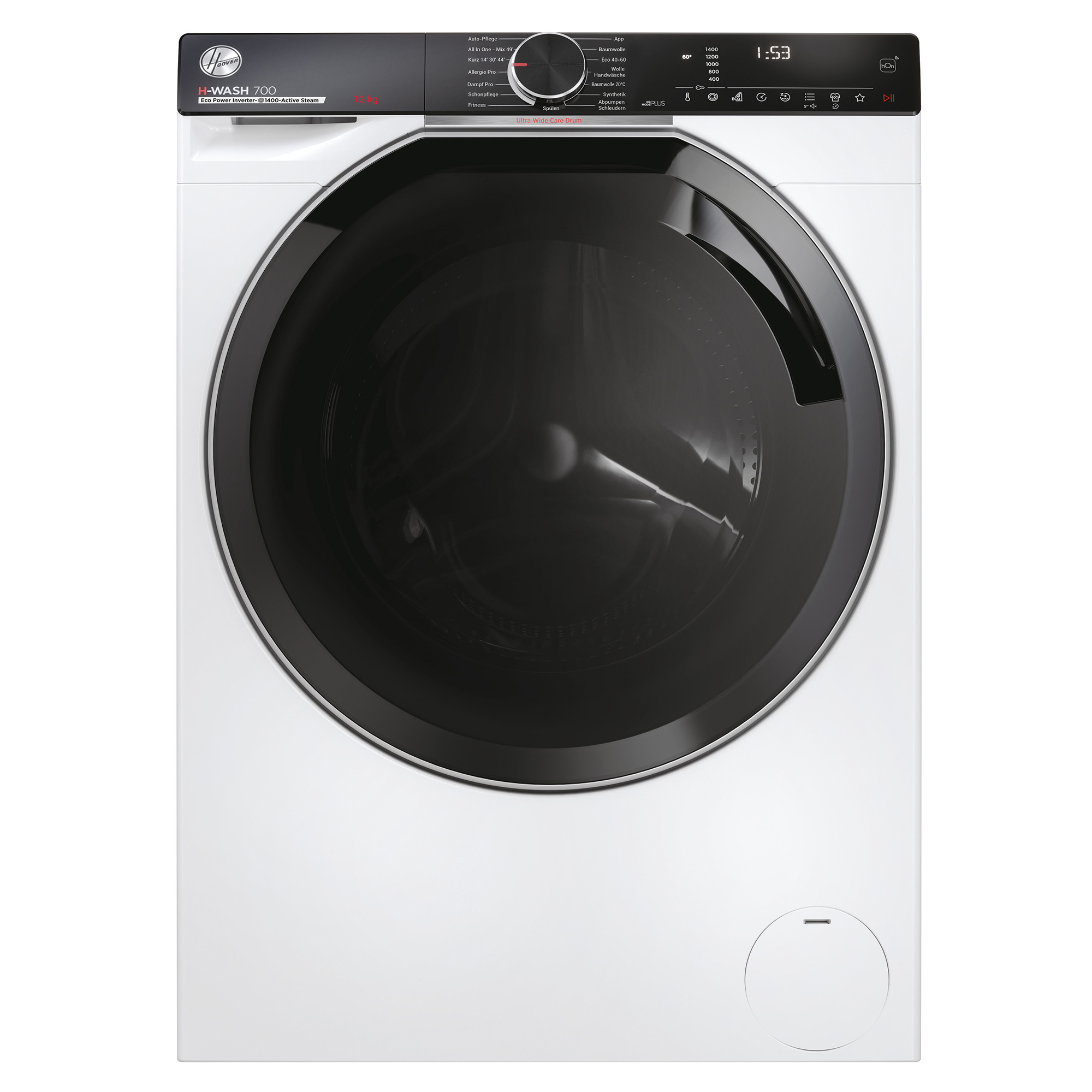 Weiße Waschmaschine mit schwarzer Tür. Sie hat ein digitales Display und ein Bedienfeld oben.
