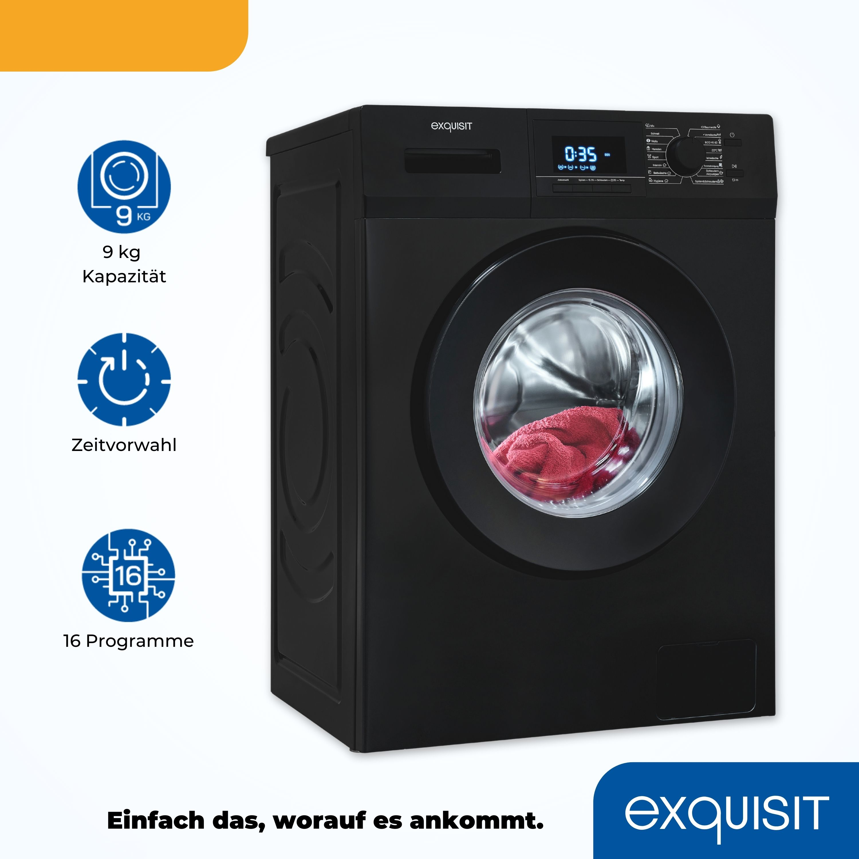 Schwarze Waschmaschine mit Symbolen für Kapazität, Zeit und Programme. Text: 9 kg, Zeitvorwahl, 16 Programme.