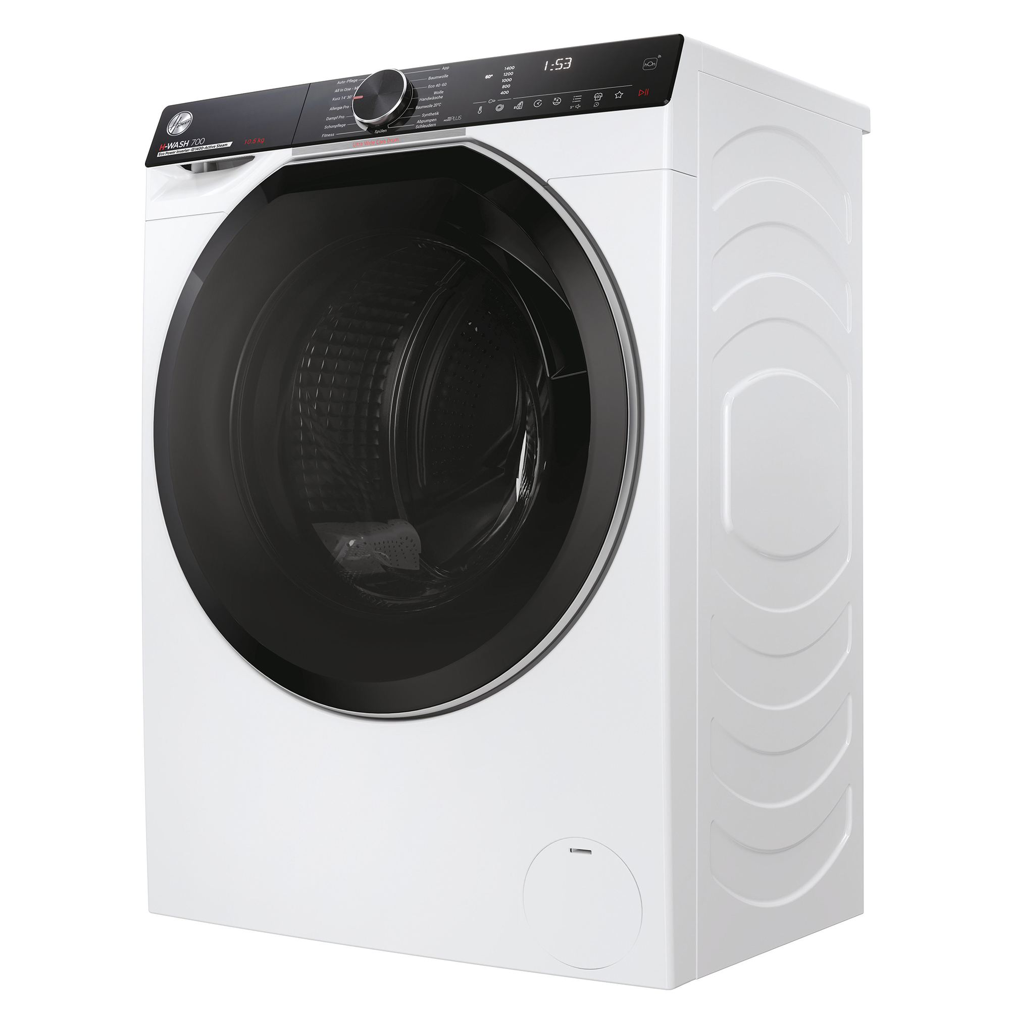 Weiße Waschmaschine mit schwarzer Tür und Bedienfeld. Es ist eine Frontlader-Maschine.