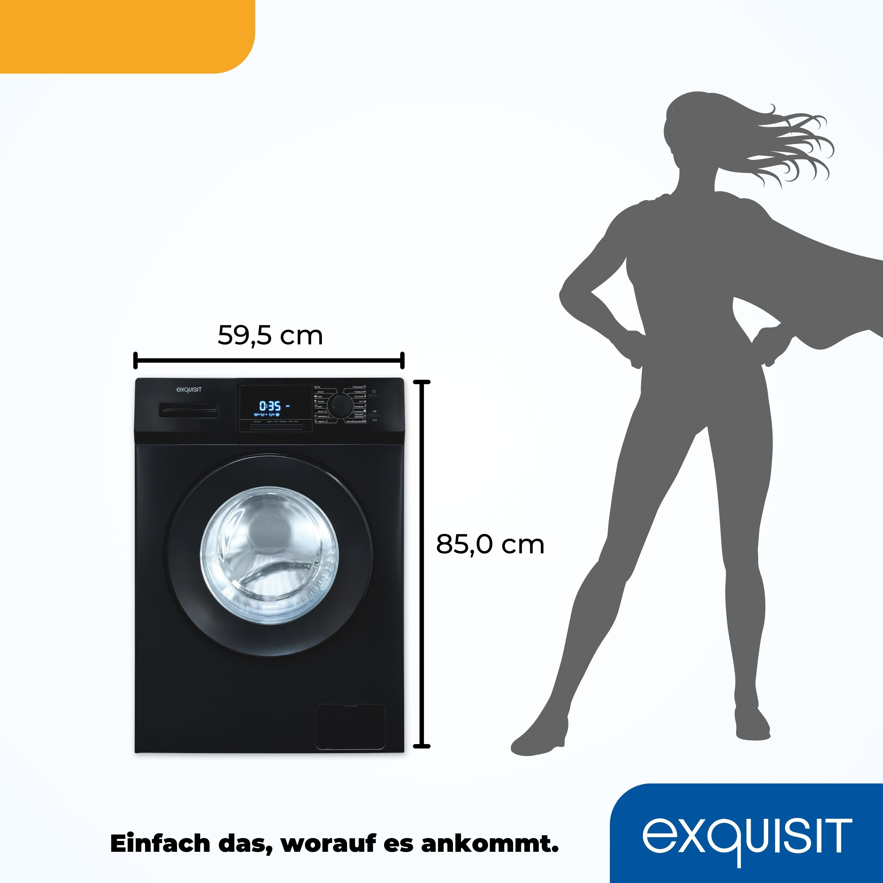 Schwarze Waschmaschine mit Abmessungen und einer Silhouette einer Frau mit Text 'exquisit' und dem Slogan.