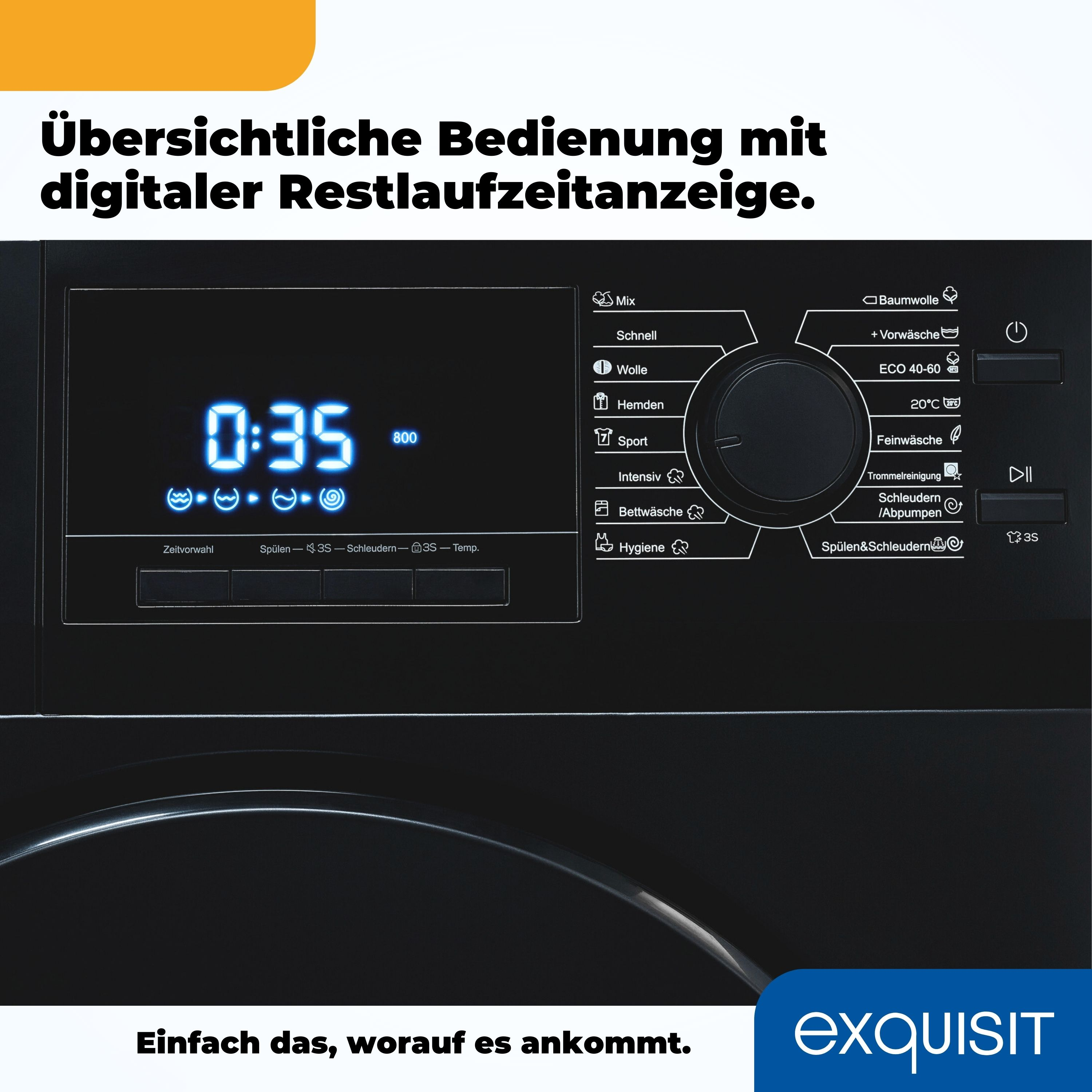 Waschmaschinen-Bedienfeld mit Digitalanzeige, Programmen und Markenlogo.