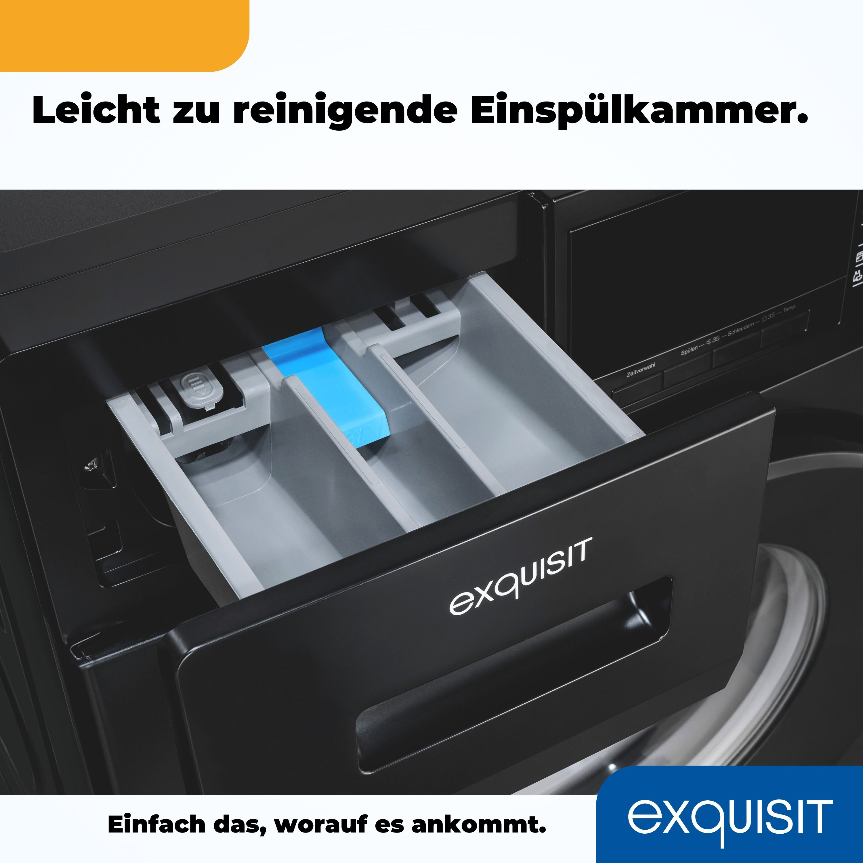 Waschmaschinenschublade offen. Blaues Fach, graue Fächer. Schwarze Maschine mit Exquisit-Logo.