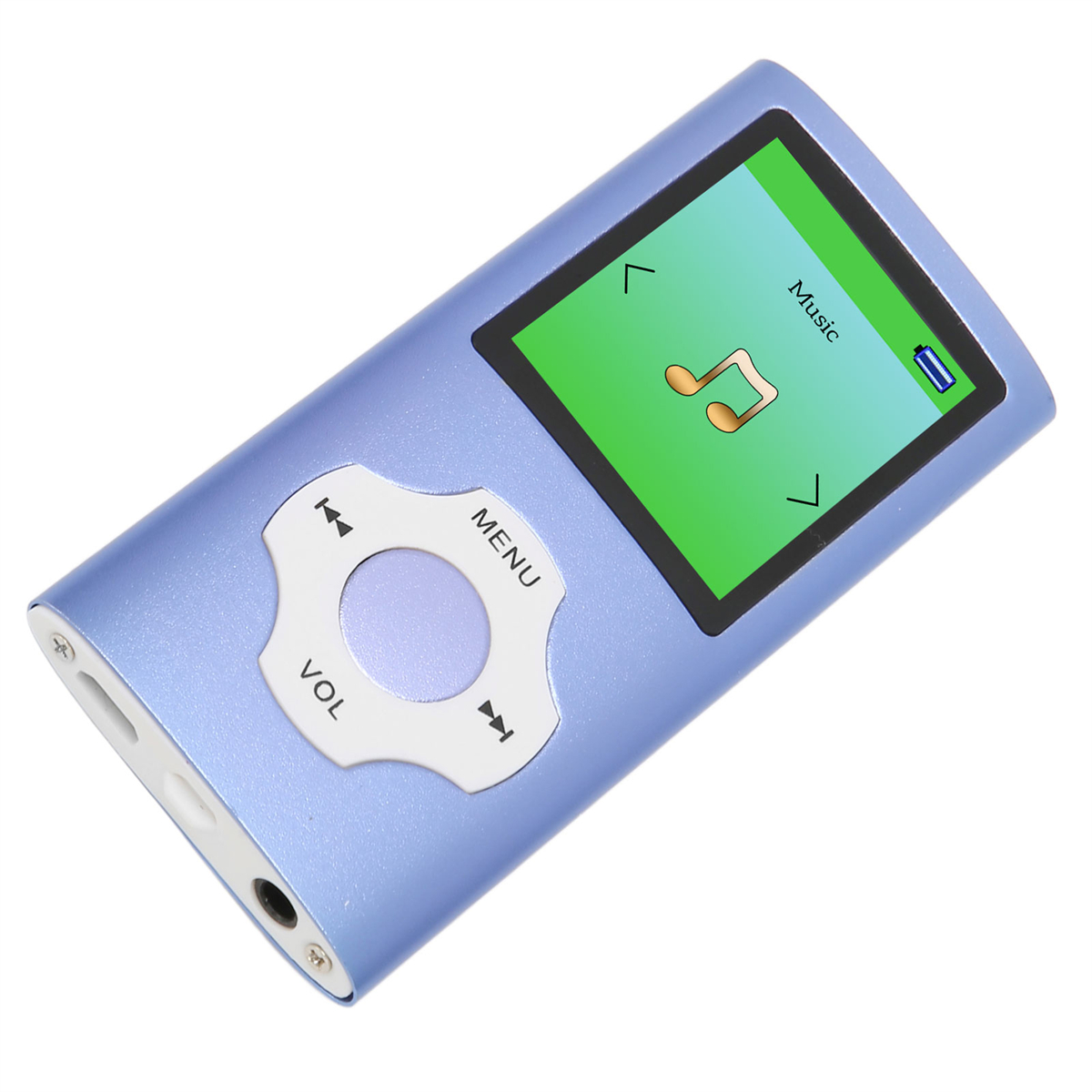 Ein blauer MP3-Player mit einem Bildschirm, der ein Musiksymbol zeigt. Hat ein Steuerrad und Tasten.