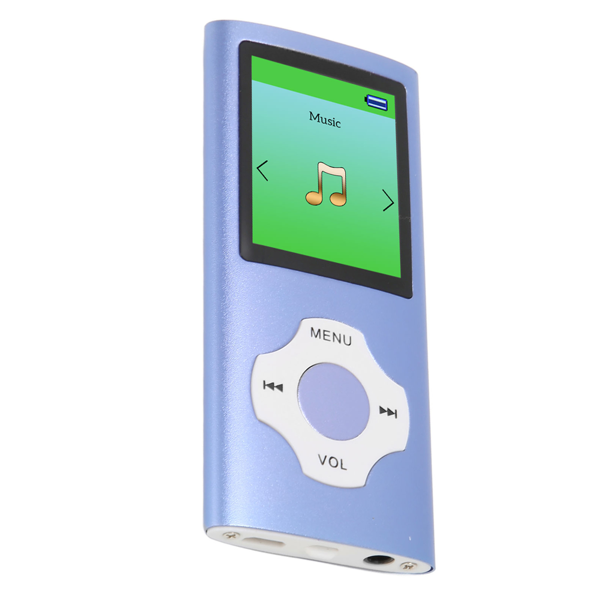 Ein blauer MP3-Player mit einem Bildschirm, der eine Musiknote anzeigt. Er hat Steuertasten. Weißer Hintergrund.