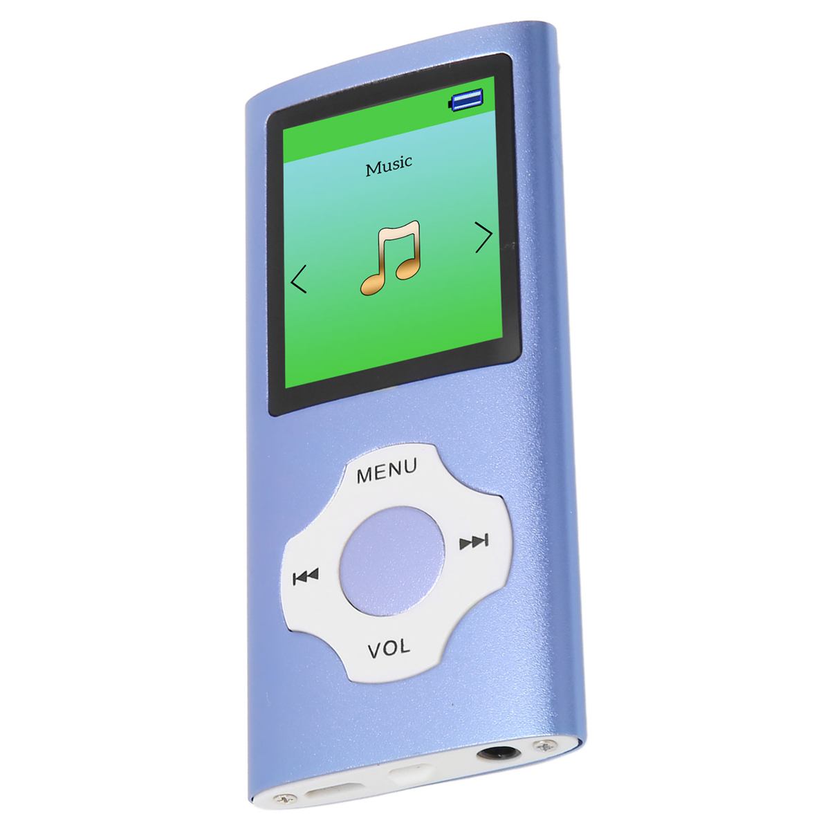 Blauer MP3-Player mit Bildschirm, der Musiksteuerung anzeigt. Weiße Menütasten. Schwarzer Bildschirm.