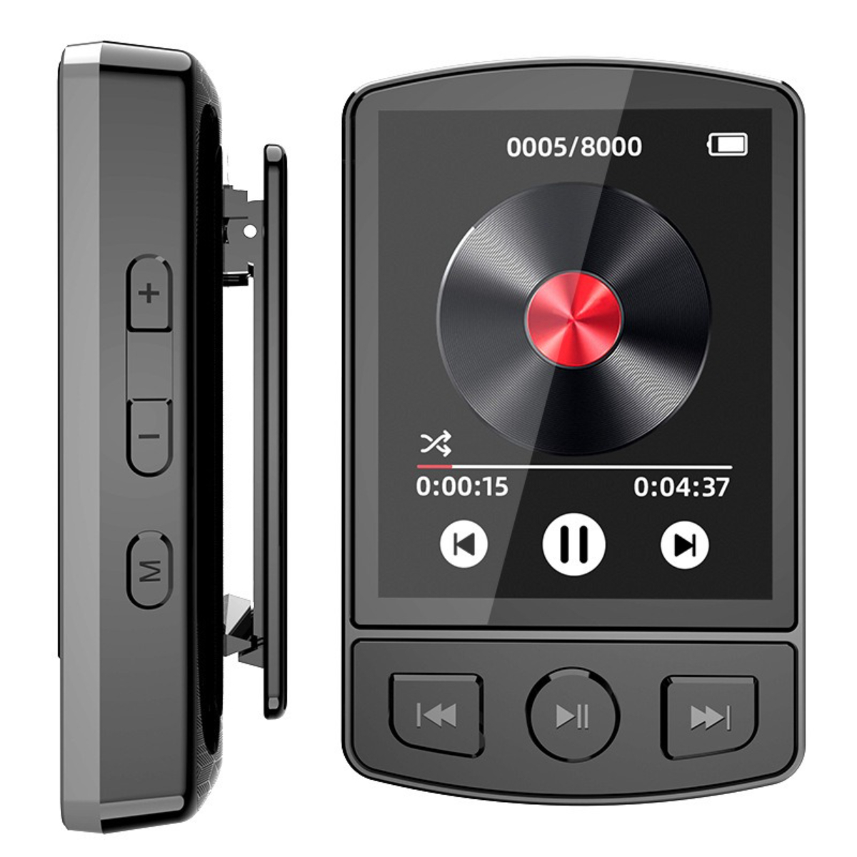 Schwarzer MP3-Player mit Bildschirm, der Zeit und Wiedergabesteuerung zeigt. Seite zeigt Clip.