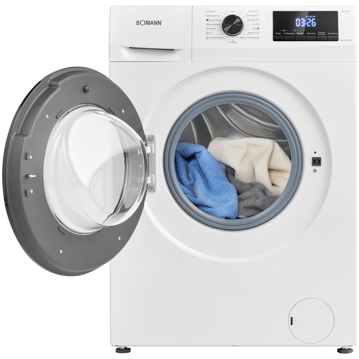 Weiße Waschmaschine mit offener Tür, die Kleidung im Inneren zeigt. Das Bedienfeld und ein Bildschirm sind sichtbar.