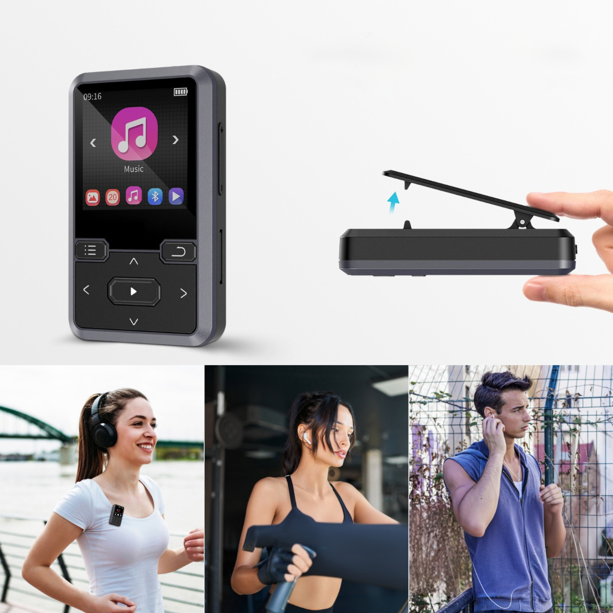 MP3-Player, Clip und Leute, die ihn beim Laufen, Trainieren und Hören benutzen.