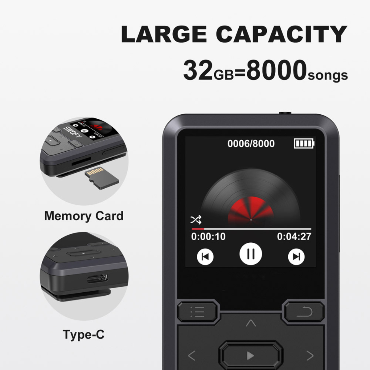 64 GB draagbare Bluetooth 5.3 MP3-speler, opname met één klik, Type-C
