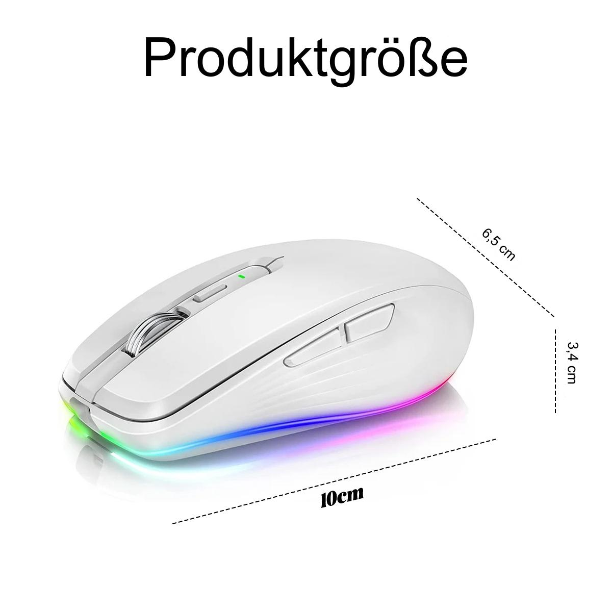 Eine weiße Computermaus mit farbigen Lichtern entlang der Unterseite. Abmessungen: 10 cm lang, 6,5 cm breit und 3,4 cm hoch.