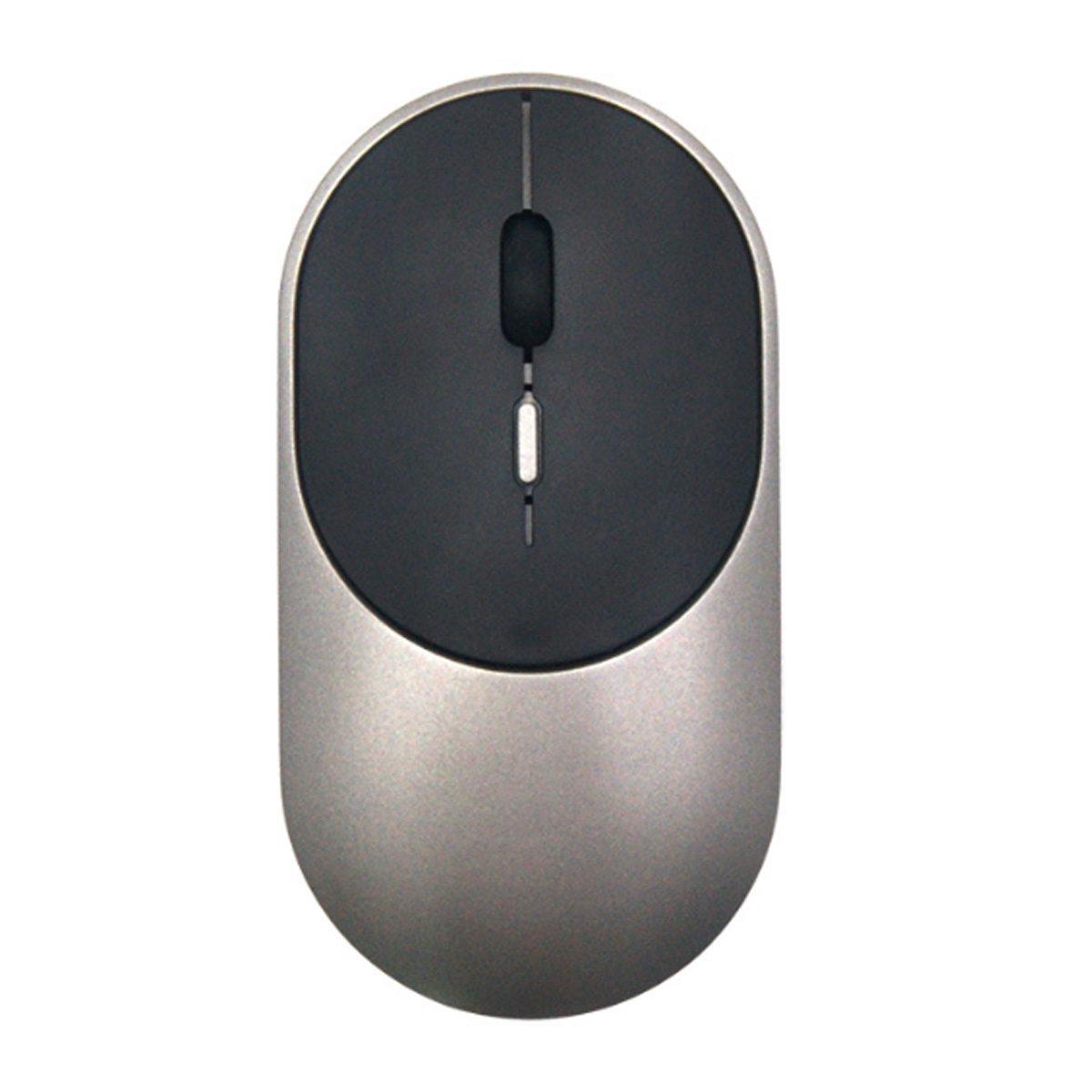 Silber-schwarze Maus mit schwarzem Scrollrad. Die Maus liegt auf weißem Untergrund.