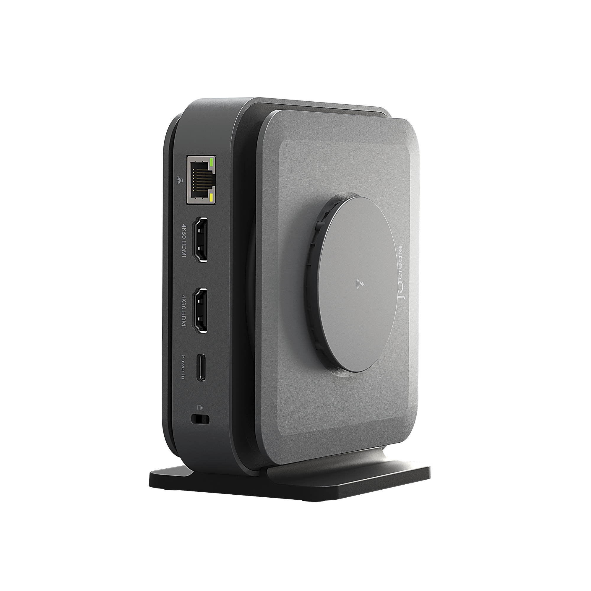 Dunkelgrauer Hub mit Anschlüssen: Ethernet, HDMI, USB-C und ein kabelloses Ladepad.