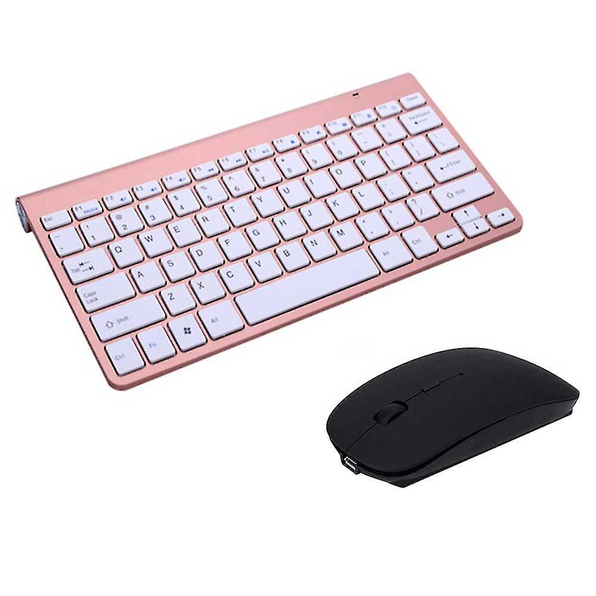 Eine rosa drahtlose Tastatur und eine schwarze drahtlose Maus auf weißem Hintergrund.