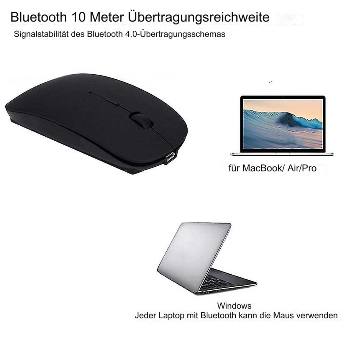 Schwarze kabellose Maus und Bilder von Laptops mit deutschem Text.