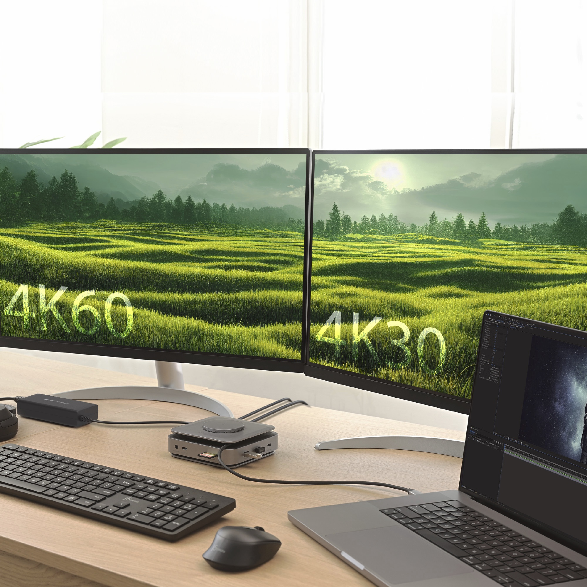 Zwei Monitore zeigen 4K60 und 4K30, verbunden mit Laptop und Dockingstation.