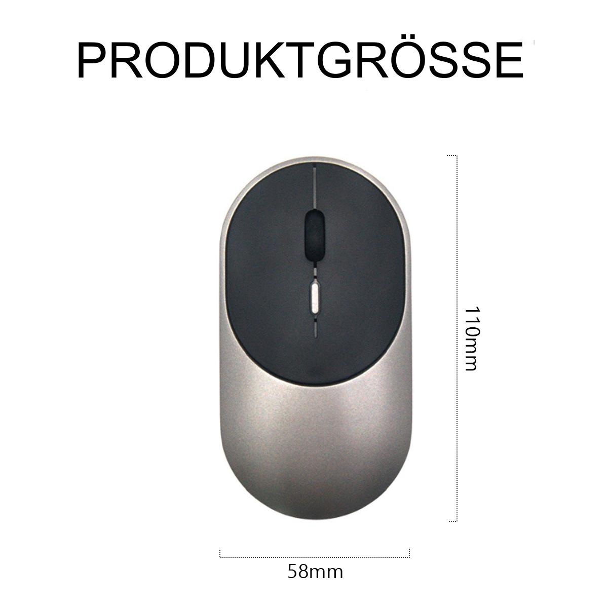 Eine silberne und schwarze Computermaus. Abmessungen sind beschriftet: 58 mm breit, 110 mm lang.