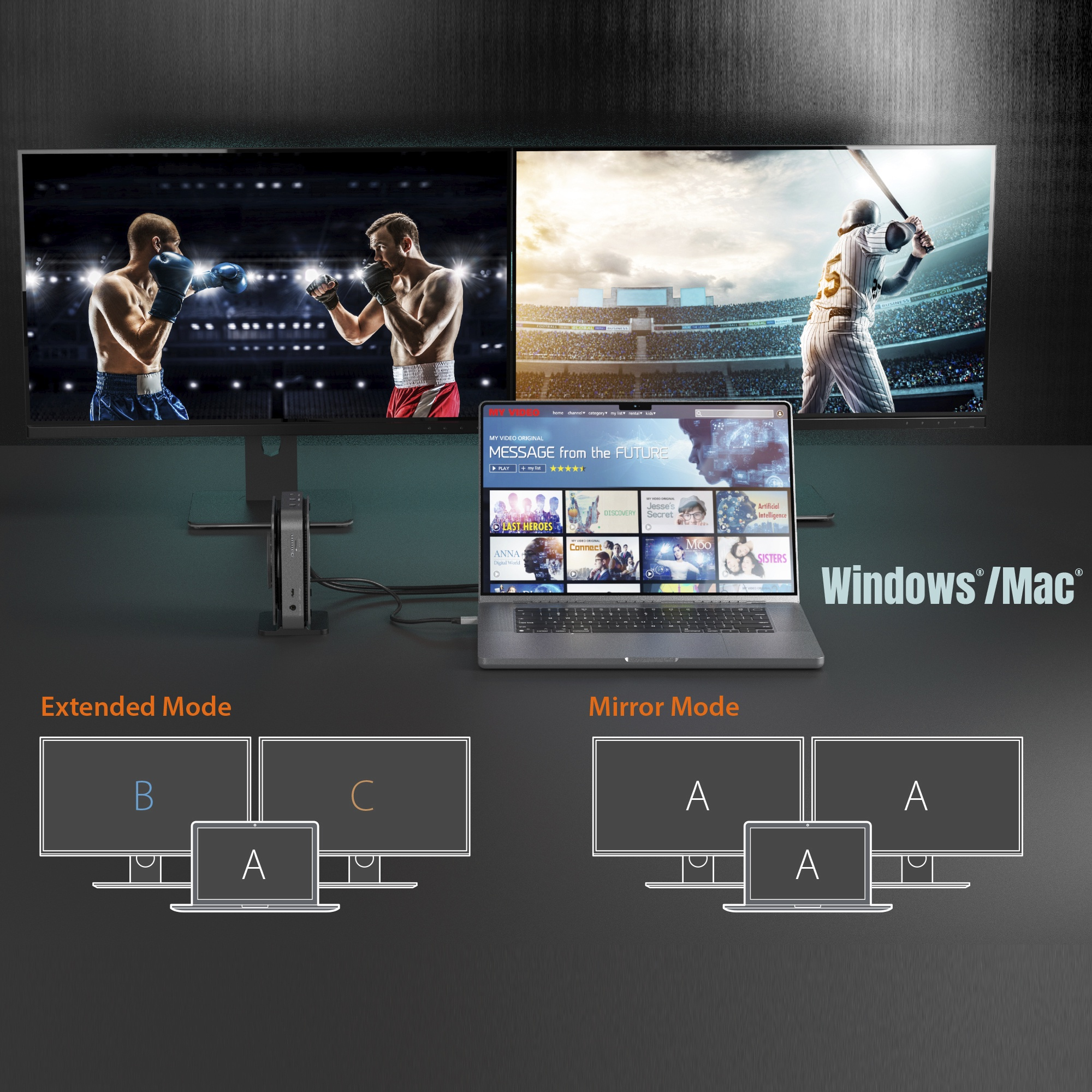 Zwei Monitore zeigen Boxen und Baseball, Laptop in der Mitte, verbunden mit einem Hub.