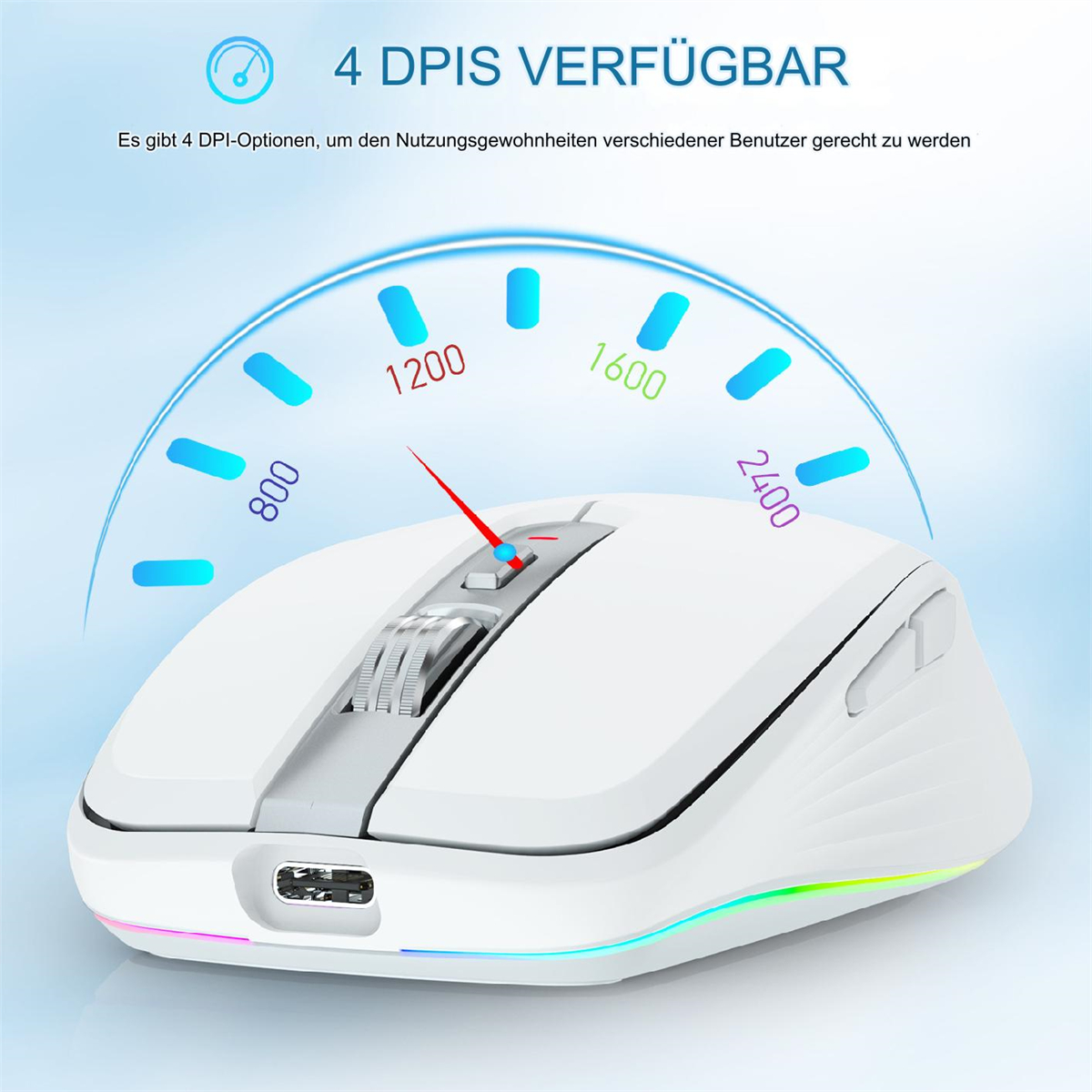 Weiße drahtlose Maus mit verschiedenen DPI-Optionen und blauem Hintergrund.