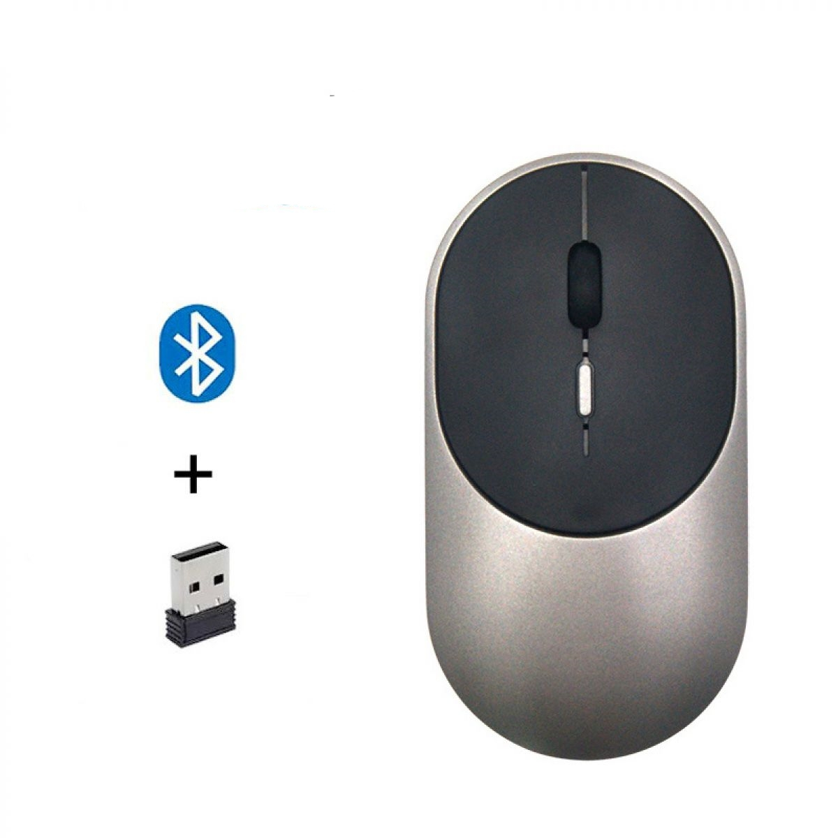 Silber-schwarze kabellose Maus mit Bluetooth und USB-Empfänger.