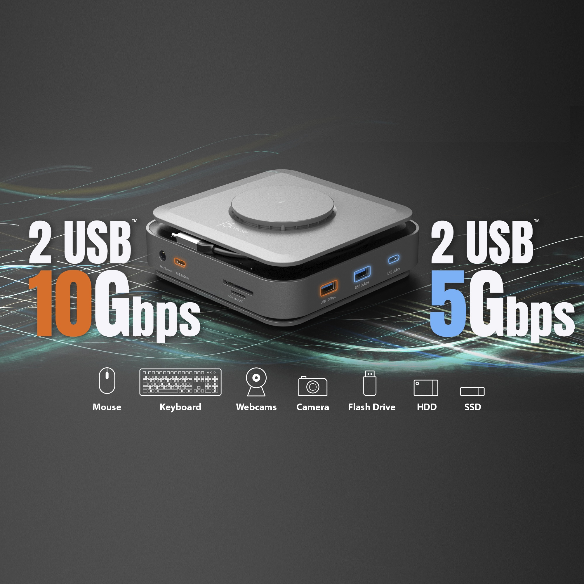 Ein silberner und grauer Hub mit USB-Anschlüssen und Geräte-Icons.