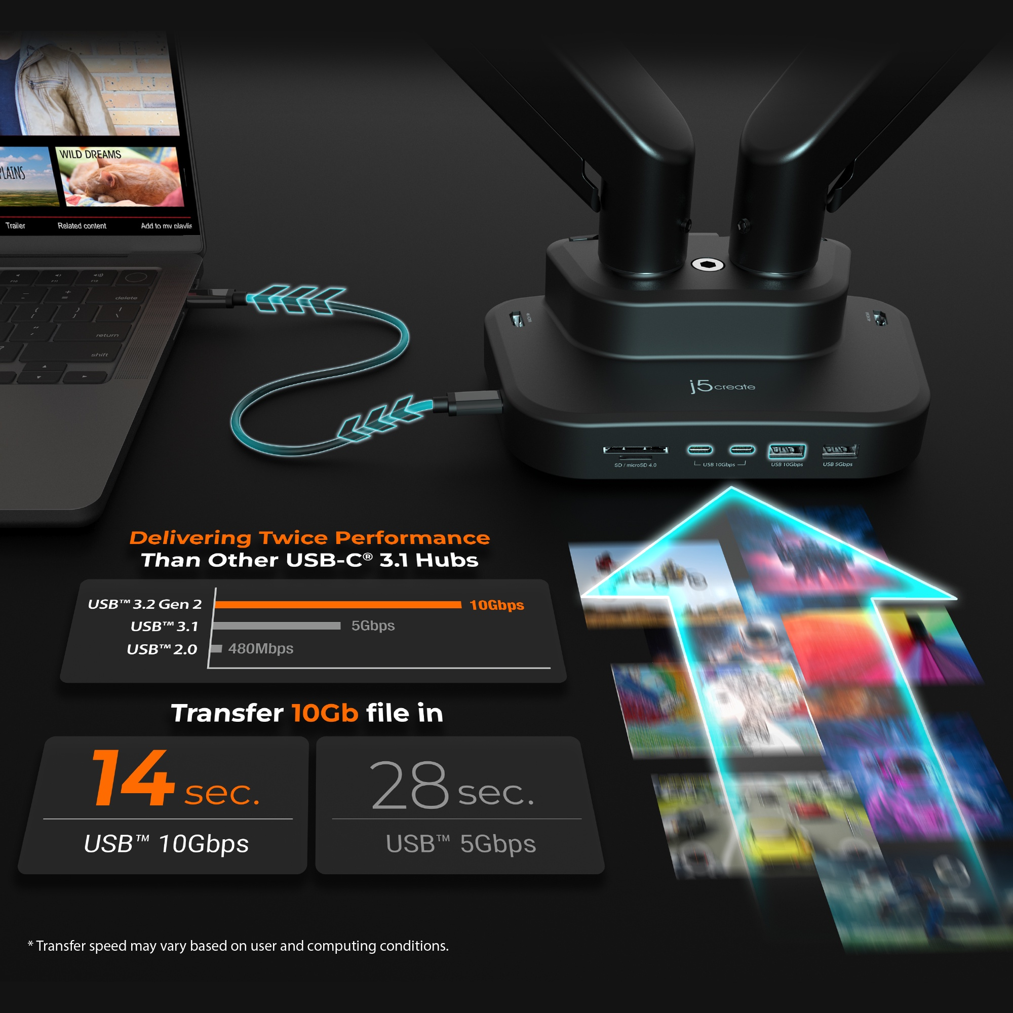 Laptop mit USB-C-Hub, zeigt Datenübertragungsgeschwindigkeiten von 10 Gbit/s und 5 Gbit/s.