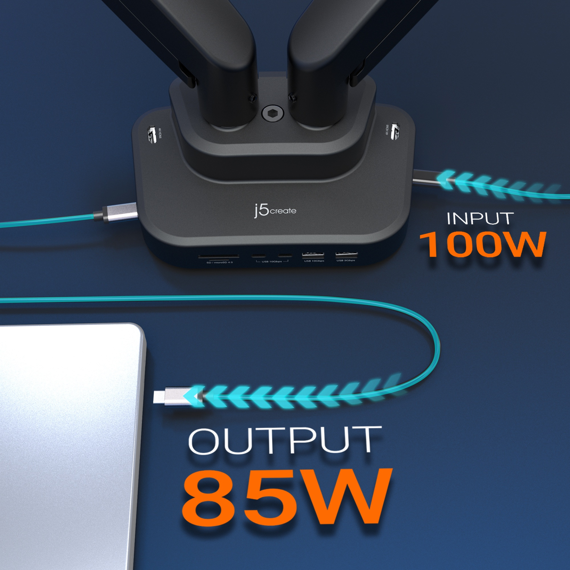 Schwarzer Hub mit mehreren Anschlüssen, Pfeile zeigen 100W Eingang und 85W Ausgang. Marke J5create sichtbar.
