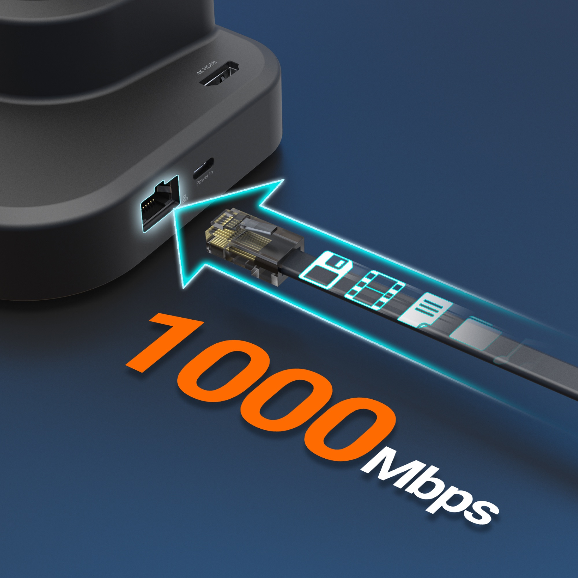 Nahaufnahme eines schwarzen Kabels mit orangefarbenem Text '1000 Mbit/s' und einem Pfeil.