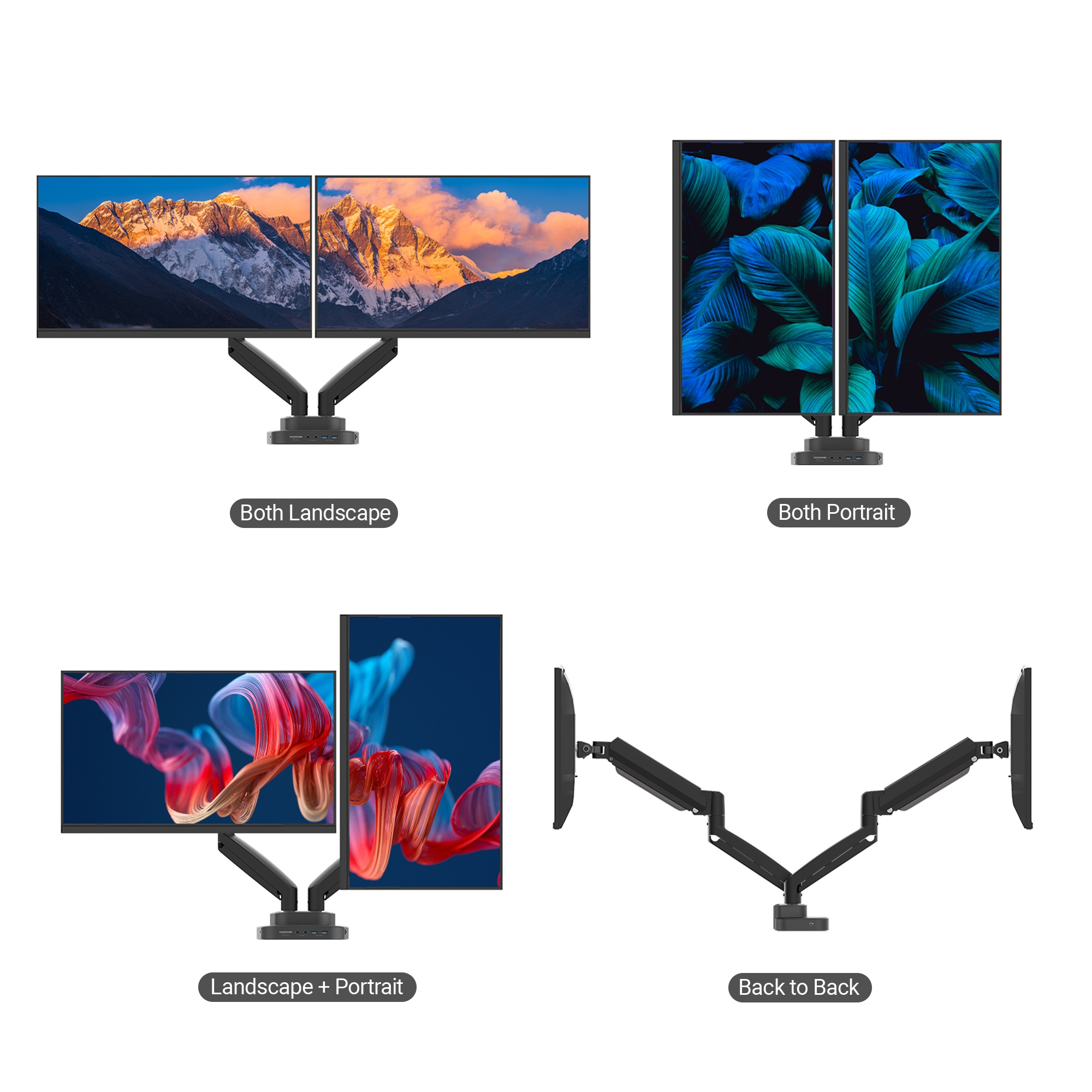 Vier Bilder von Monitorarmen. Sie zeigen Monitore in verschiedenen Ausrichtungen: Querformat, Hochformat und Rücken an Rücken.