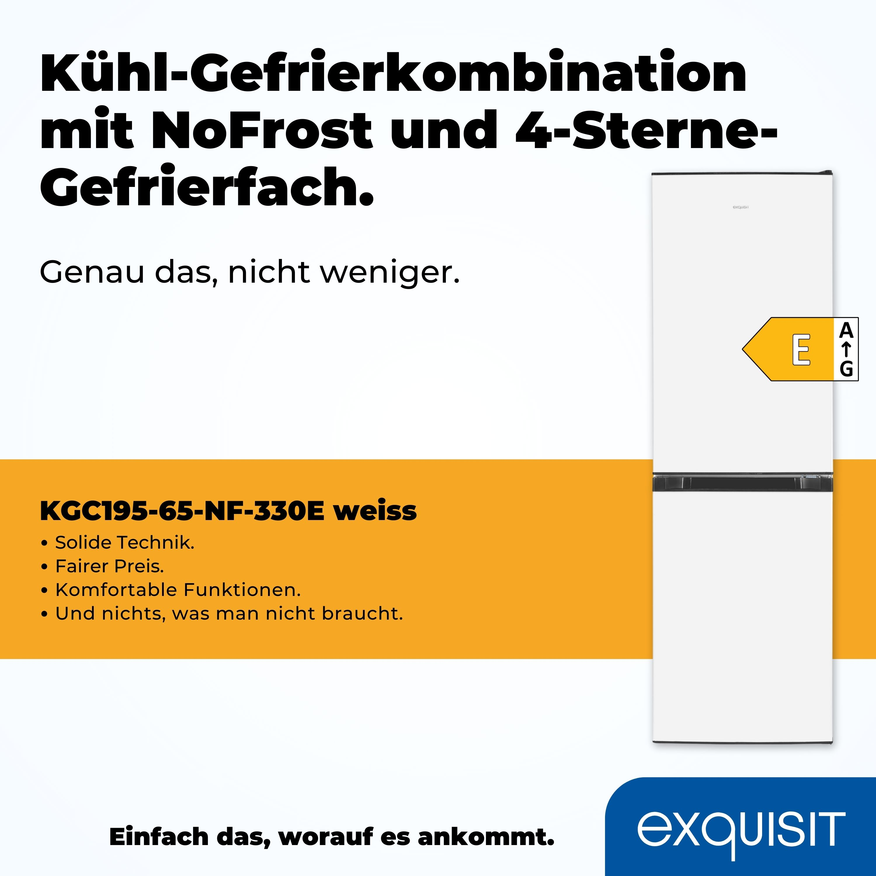 Weißer Kühlschrank mit Gefrierfach, Energieeffizienzlabel und Produktbeschreibung.