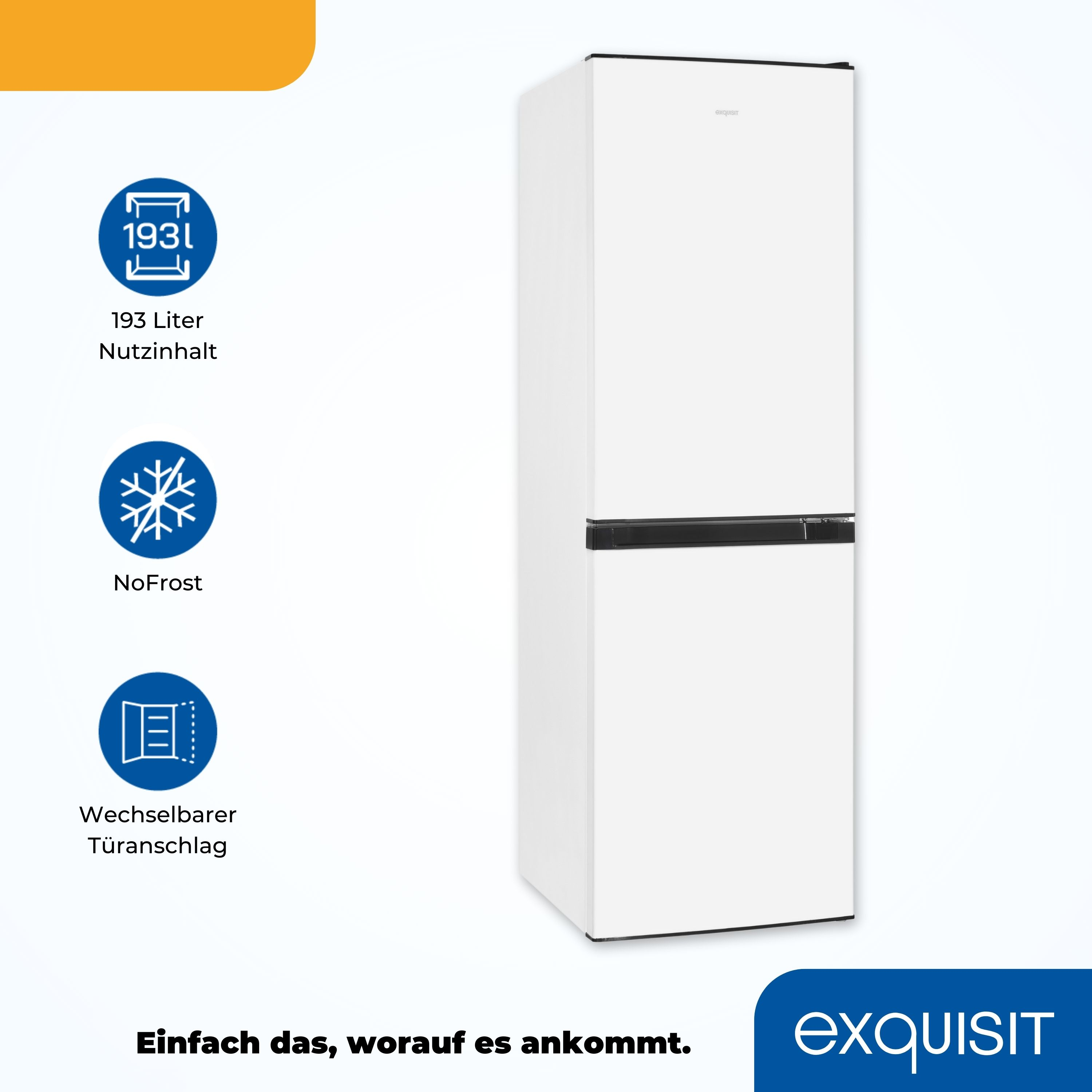 Weißer Kühlschrank mit schwarzen Akzenten und Icons für Funktionen.