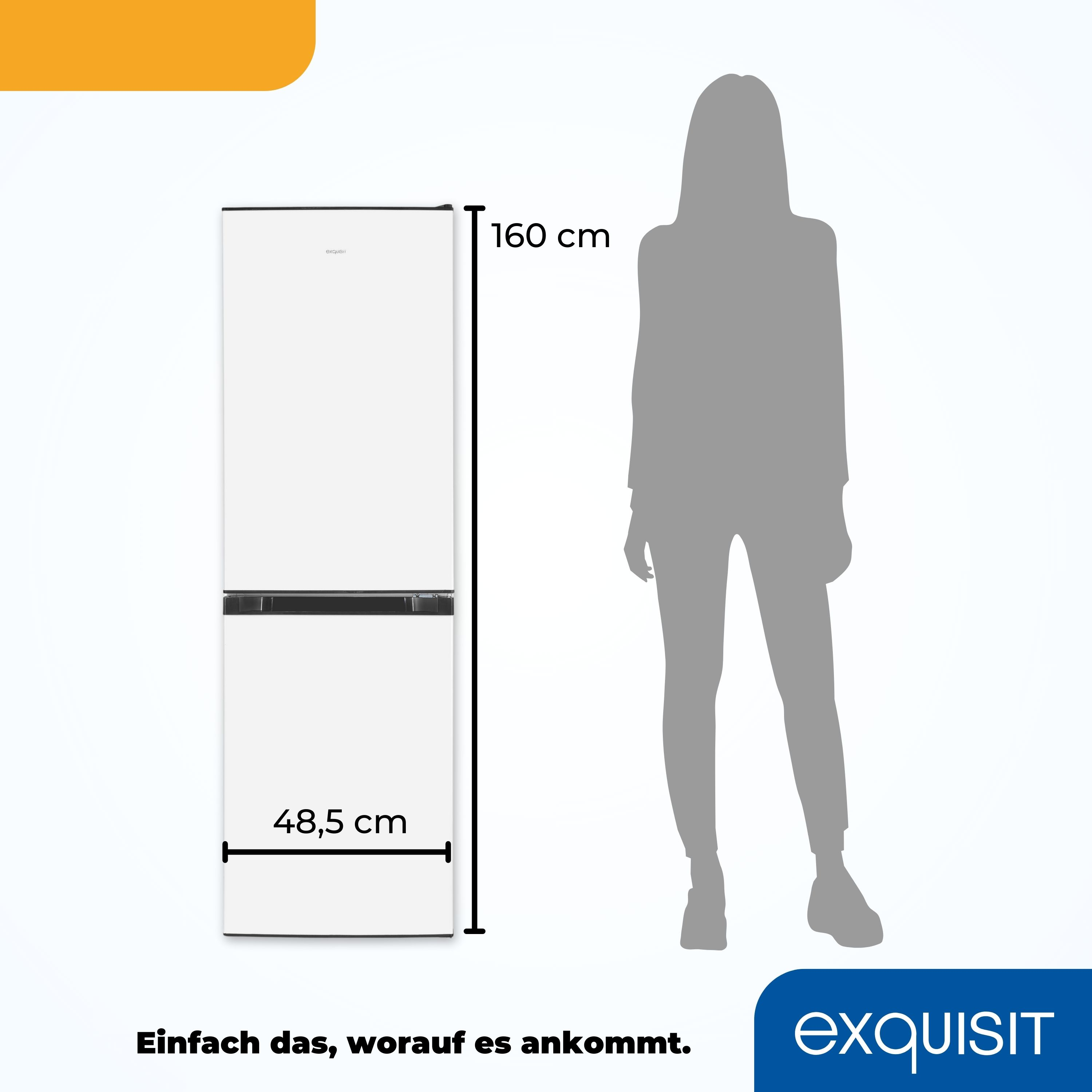 Weißer Kühlschrank mit schwarzen Griffen. Daneben eine Personensilhouette. Abmessungen sind angegeben.