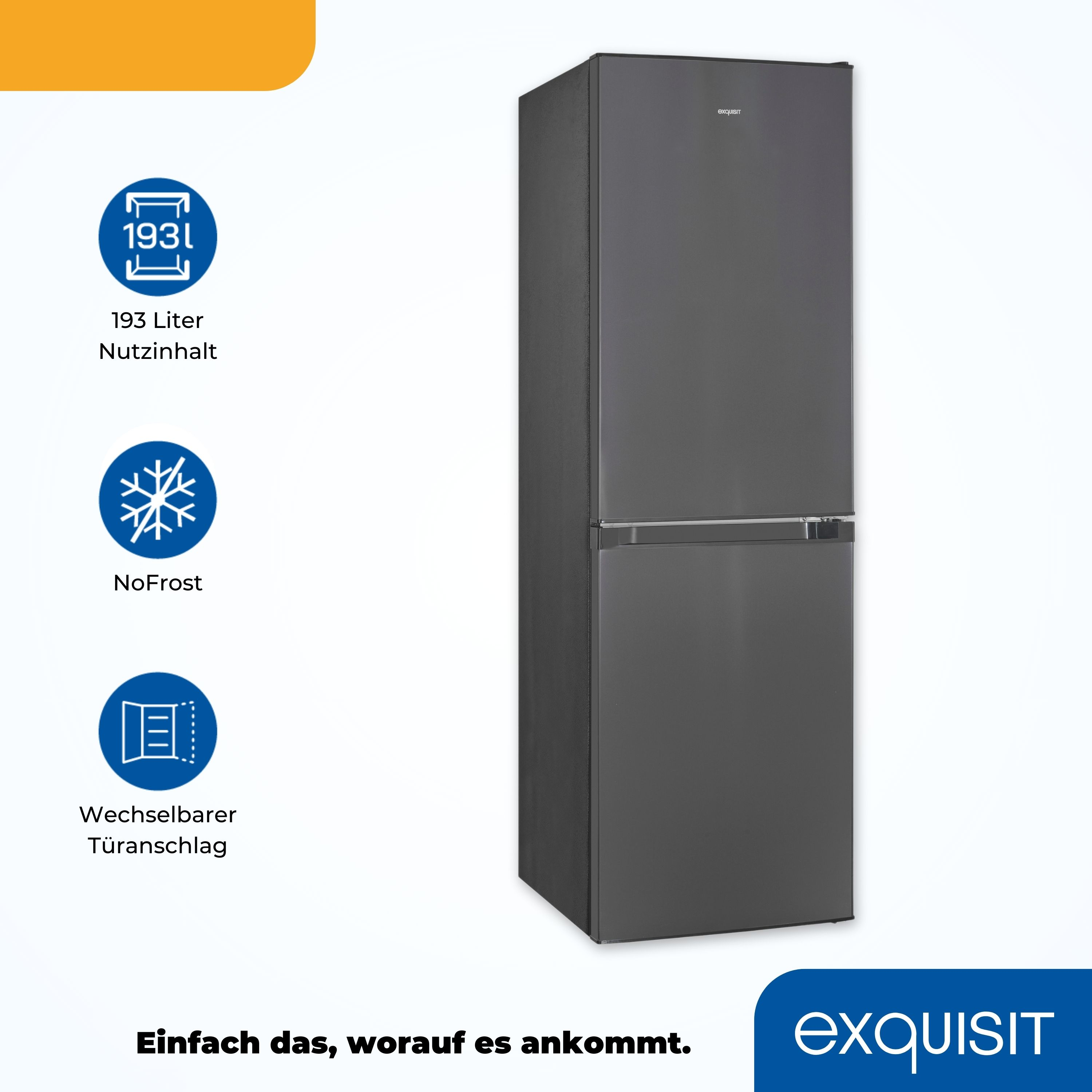 Refrigerador gris oscuro. Etiquetas de texto a la izquierda. Fondo: Superficie blanca.