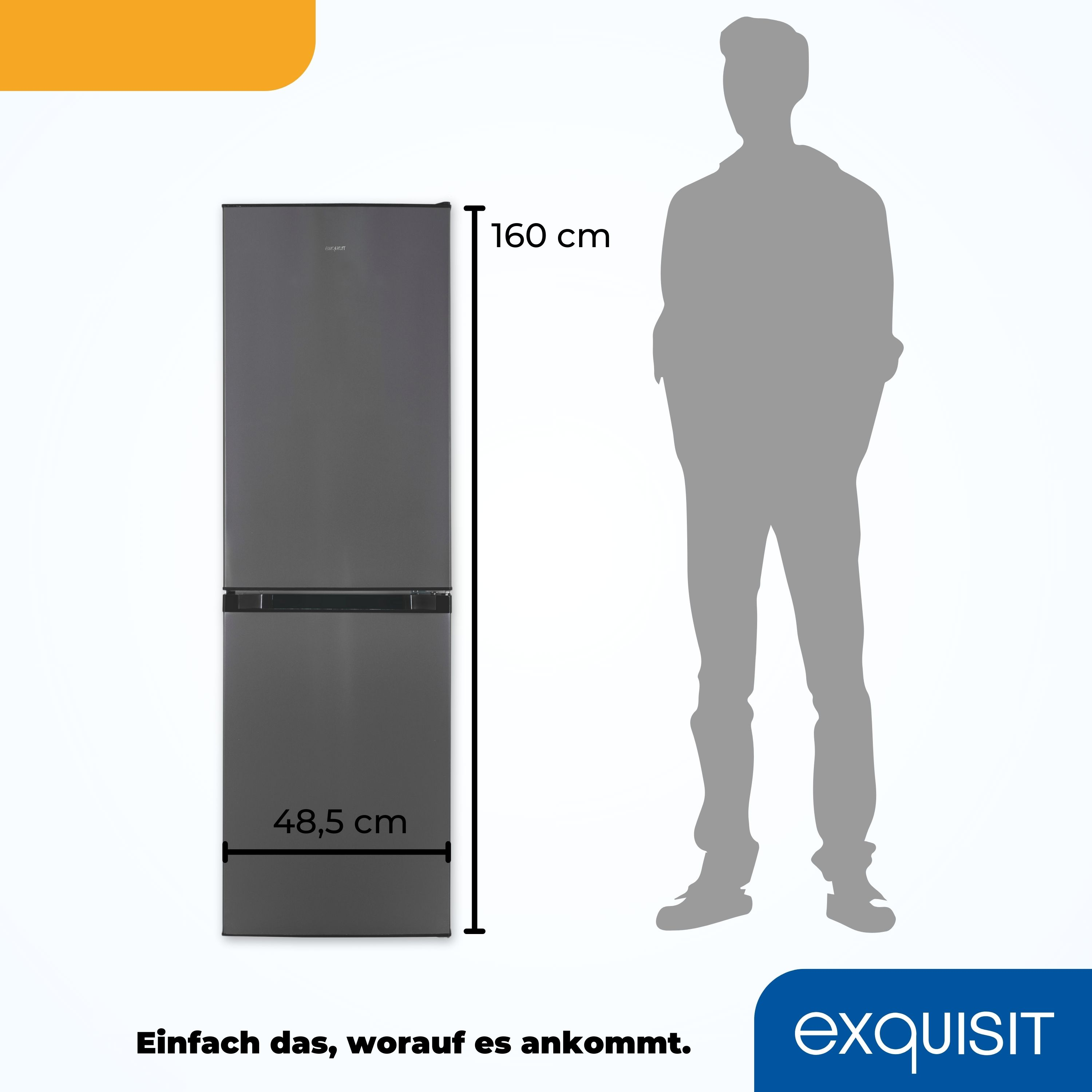 Refrigerador gris oscuro. Silueta de una persona al lado. Texto: 160cm, 48,5cm. Logo Exquisit.