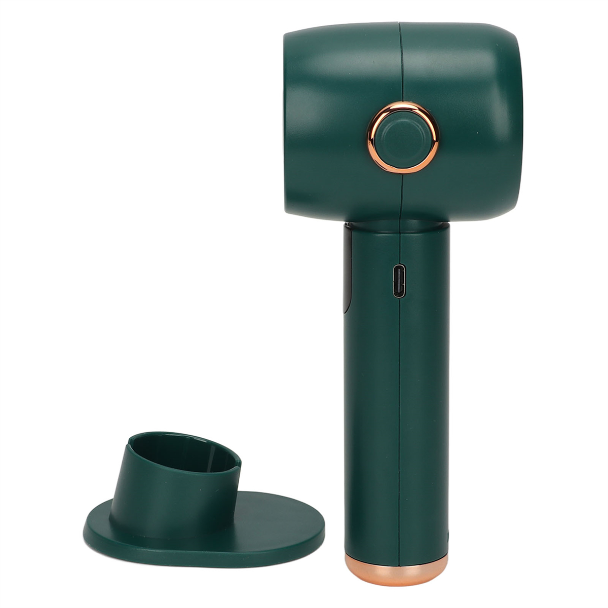 Ein grüner Handventilator mit Ständer. Oben befindet sich ein goldener Kreis. Ein Ladeanschluss ist sichtbar.
