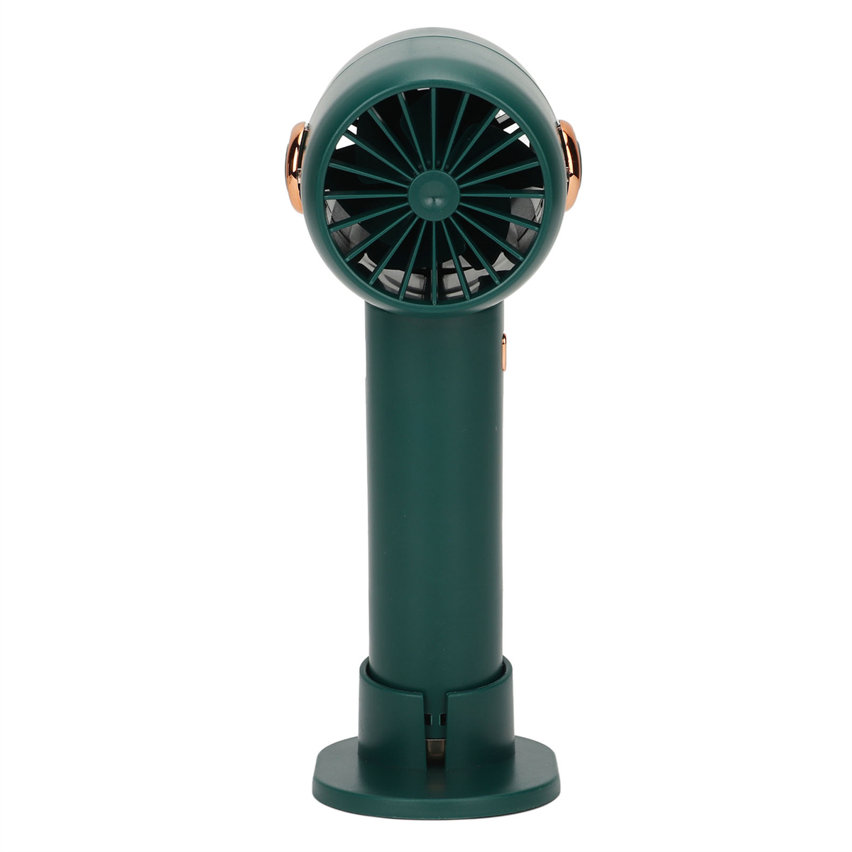 Grüner Handventilator, dunkelgrüner Körper, runder Kopf mit Golddetails.