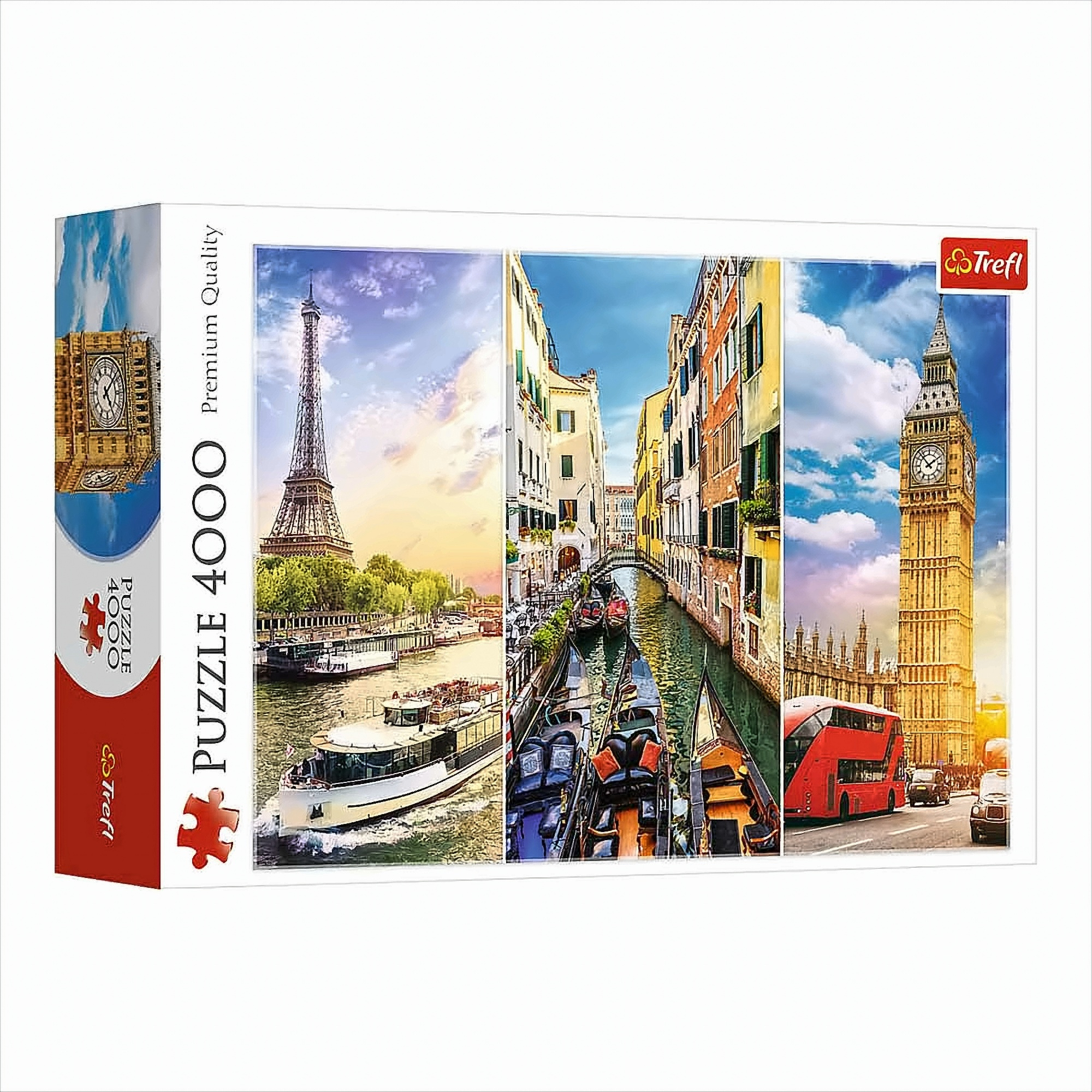 Pudełko z puzzlami z wizerunkami Big Bena, Wieży Eiffla, łodzi na wodzie i budynków.