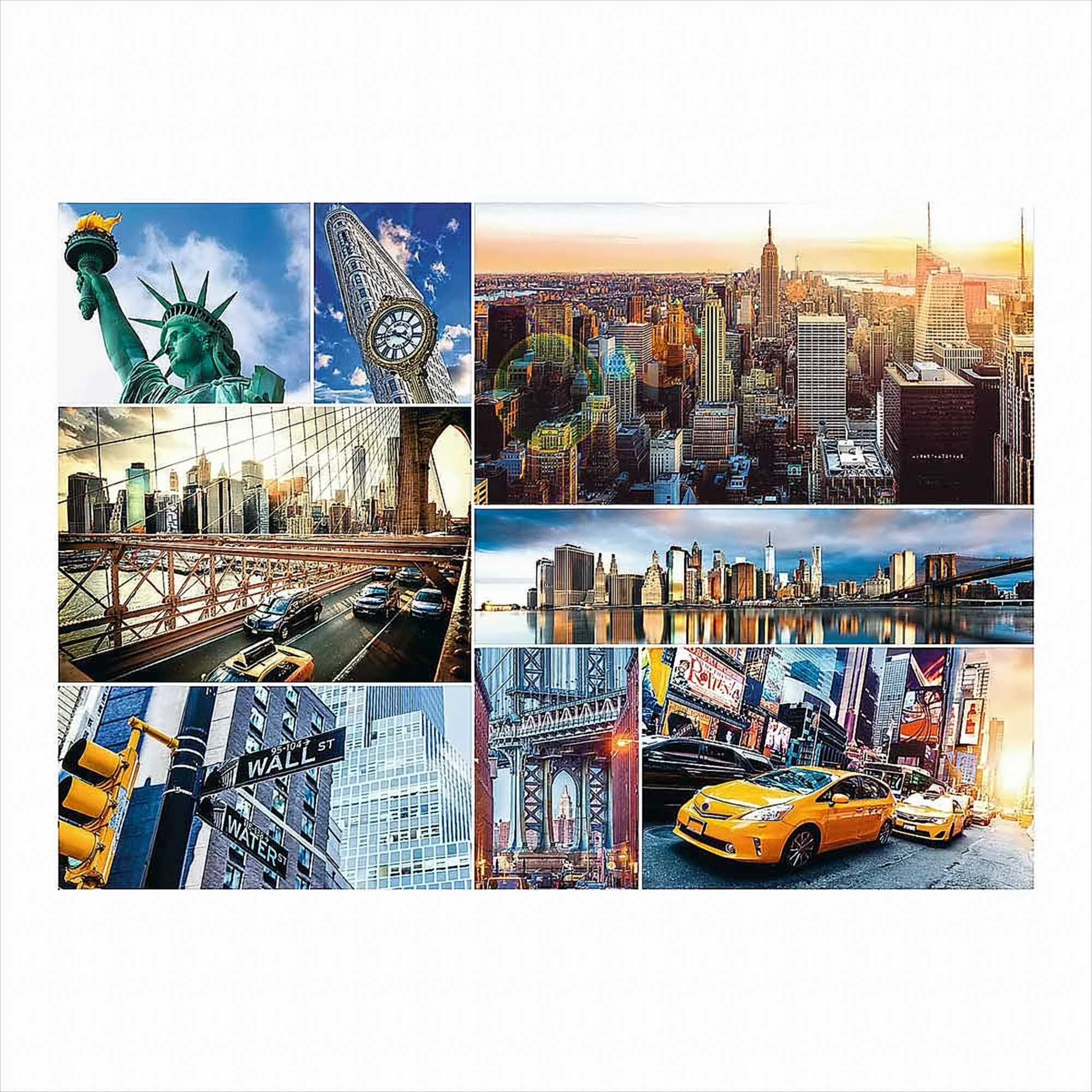 Kolaż z zabytkami Nowego Jorku: Statua Wolności, Chrysler Building, Most Brooklyński i żółte taksówki.
