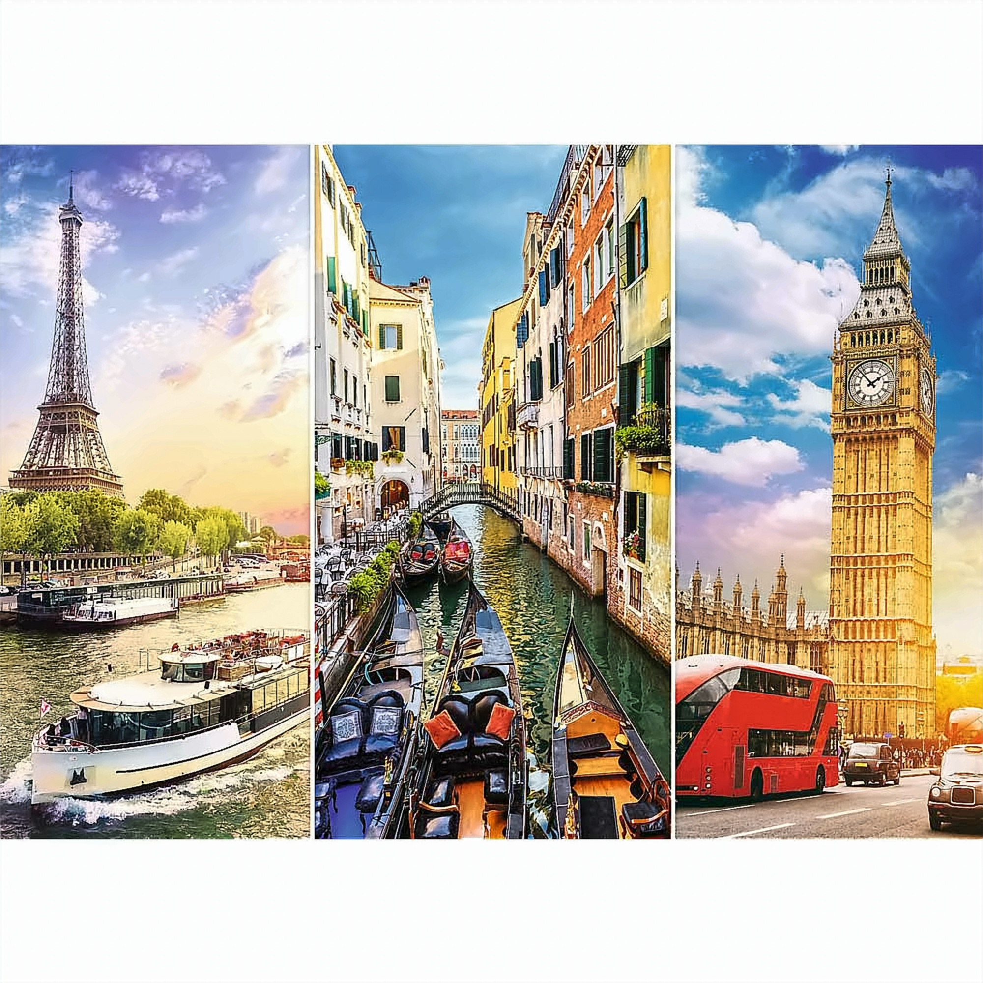 Imágenes de la Torre Eiffel de París, los canales de Venecia y el Big Ben de Londres con un autobús rojo de dos pisos.