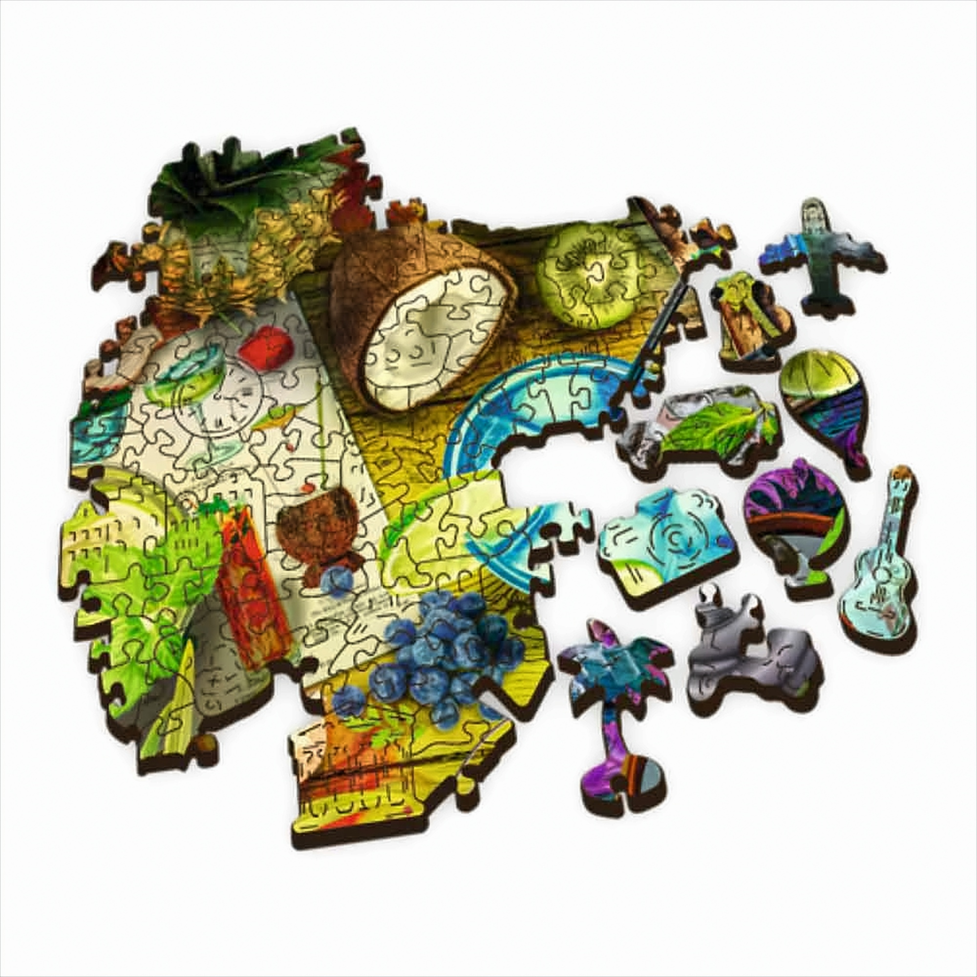 Elementy układanki: owoce, nuty, gitara i inne nieregularne kształty na białym tle.