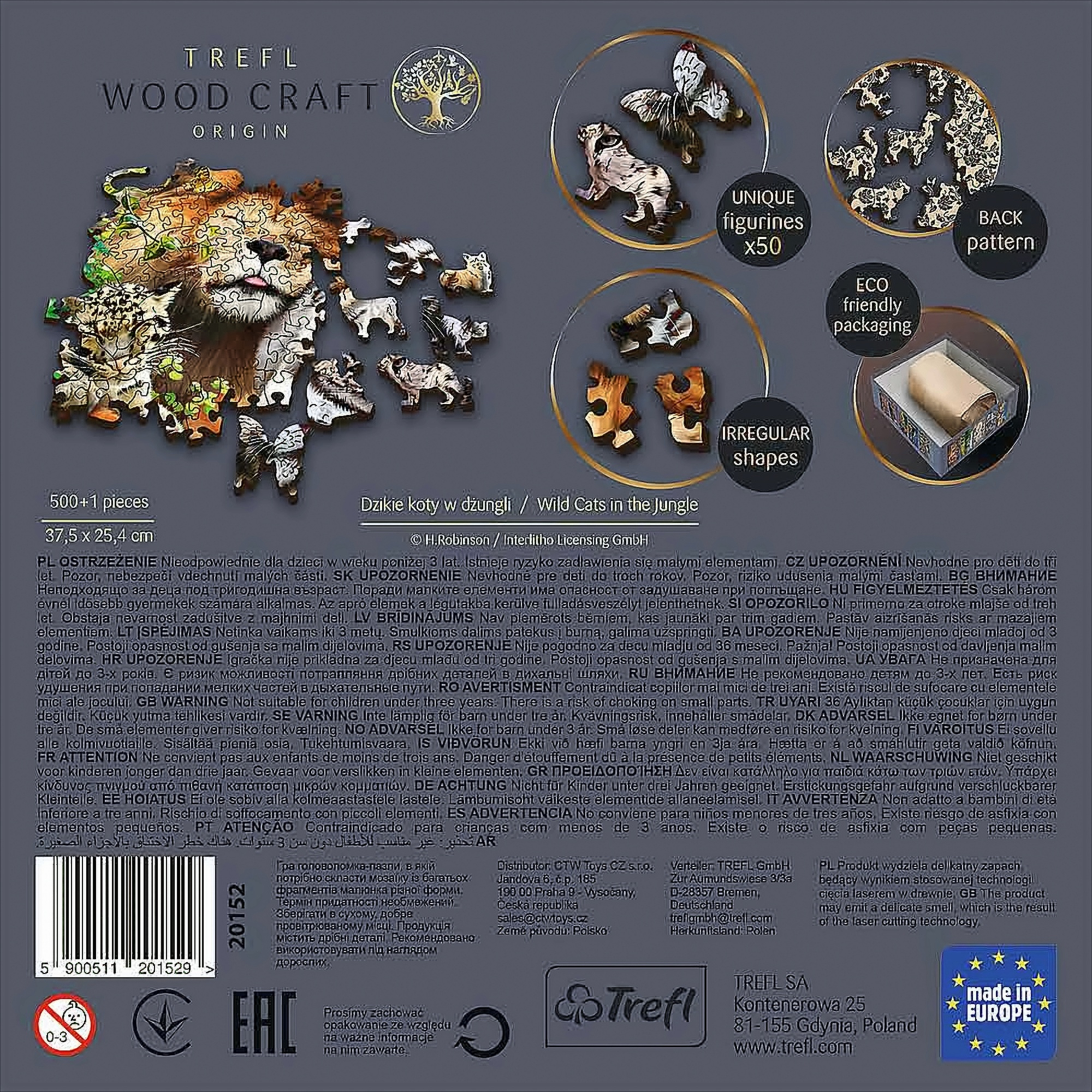 Tył pudełka z puzzlami z lwem, tygrysami i gepardami. Elementy układanki, unikalne kształty i ekologiczne opakowanie.