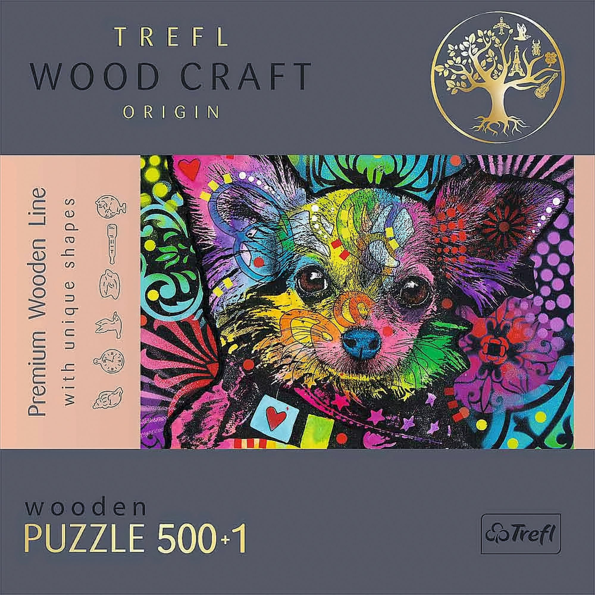 Pudełko z puzzlami z kolorową psią twarzą, 'Wood Craft Origin' i 'Puzzle'.
