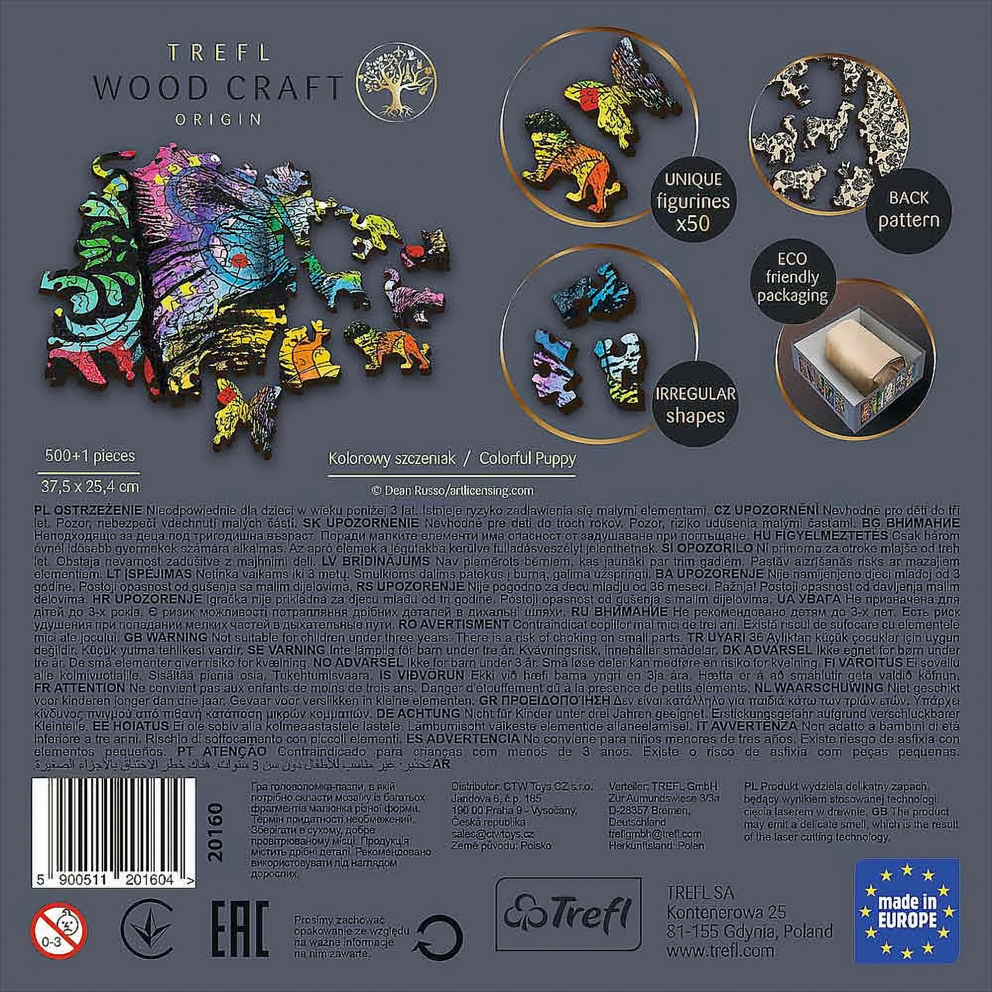 Pudełko z puzzlami z drewnianą układanką mapy, unikalnymi figurkami i ekologicznym opakowaniem.