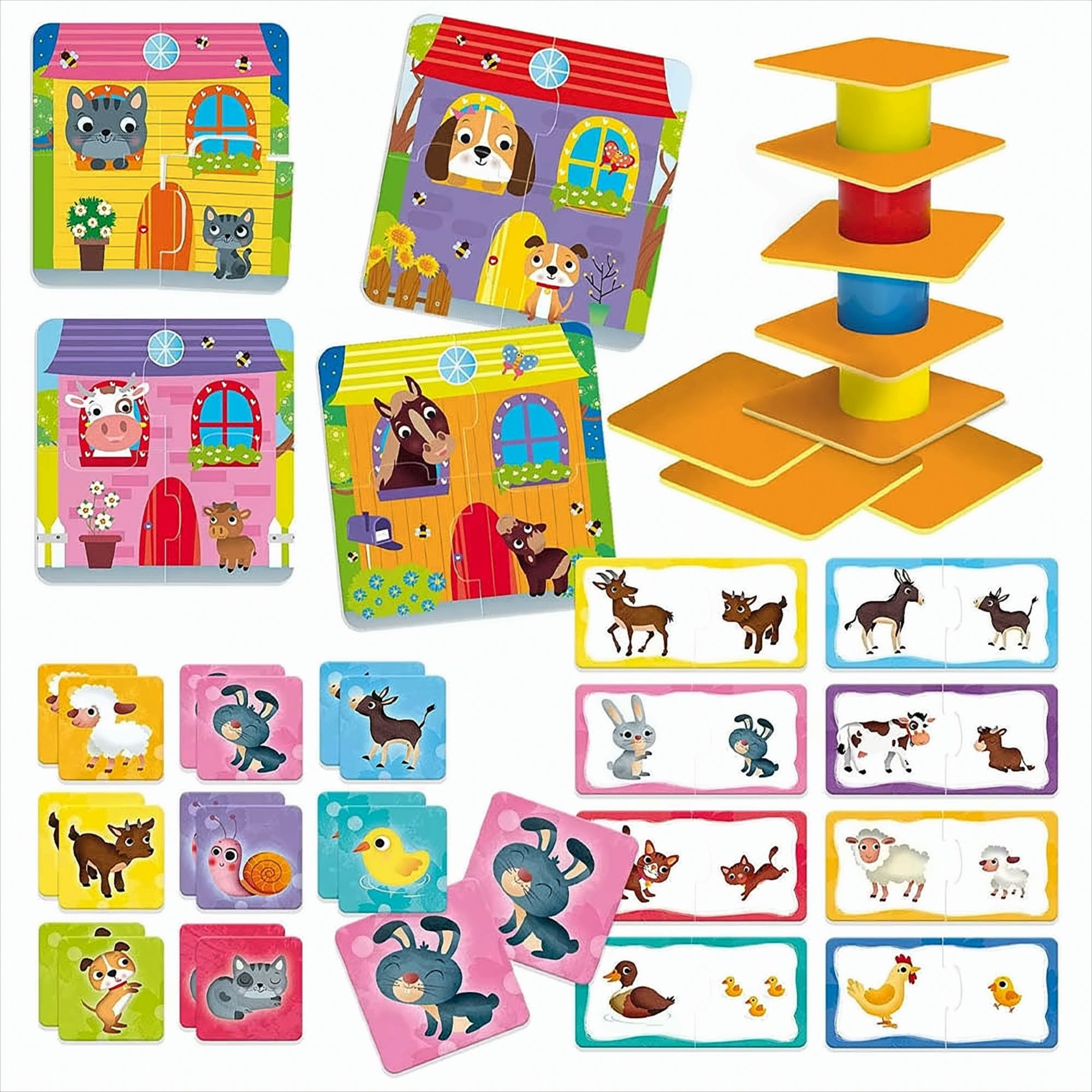 Verschiedene Kinderpuzzles und Bausteine mit Tieren. Die Puzzles zeigen Häuser und Tiere.